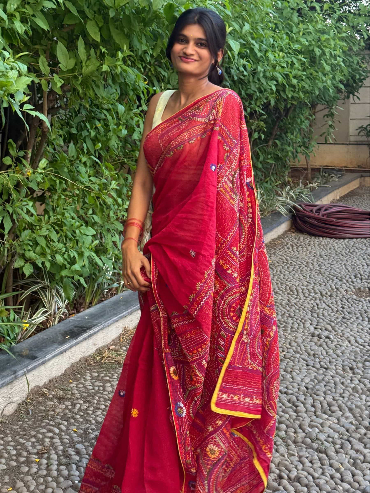 Handloom Dhonekhali Cotton Saree with Hand Embroidery in Red