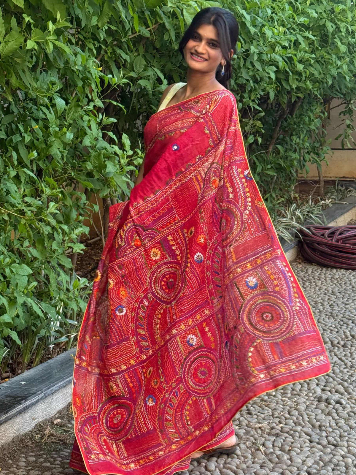 Handloom Dhonekhali Cotton Saree with Hand Embroidery in Red