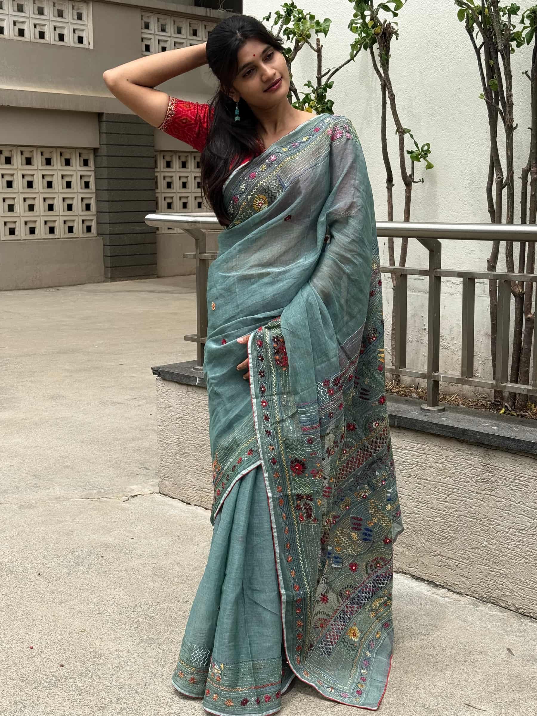 Handloom Dhonekhali Cotton Saree with Hand Embroidery in Teal Blue