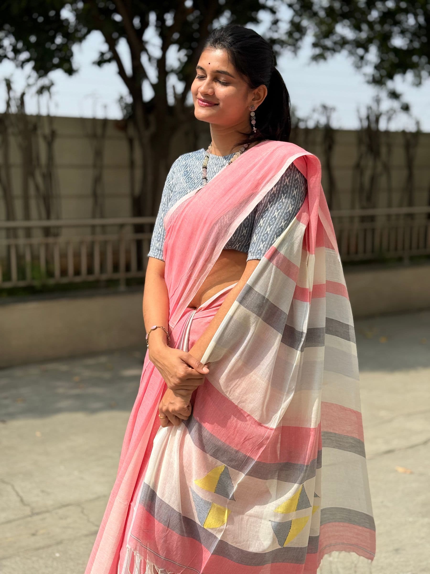Handloom Cotton Jamdani Saree with Contemporary Checks in Pink