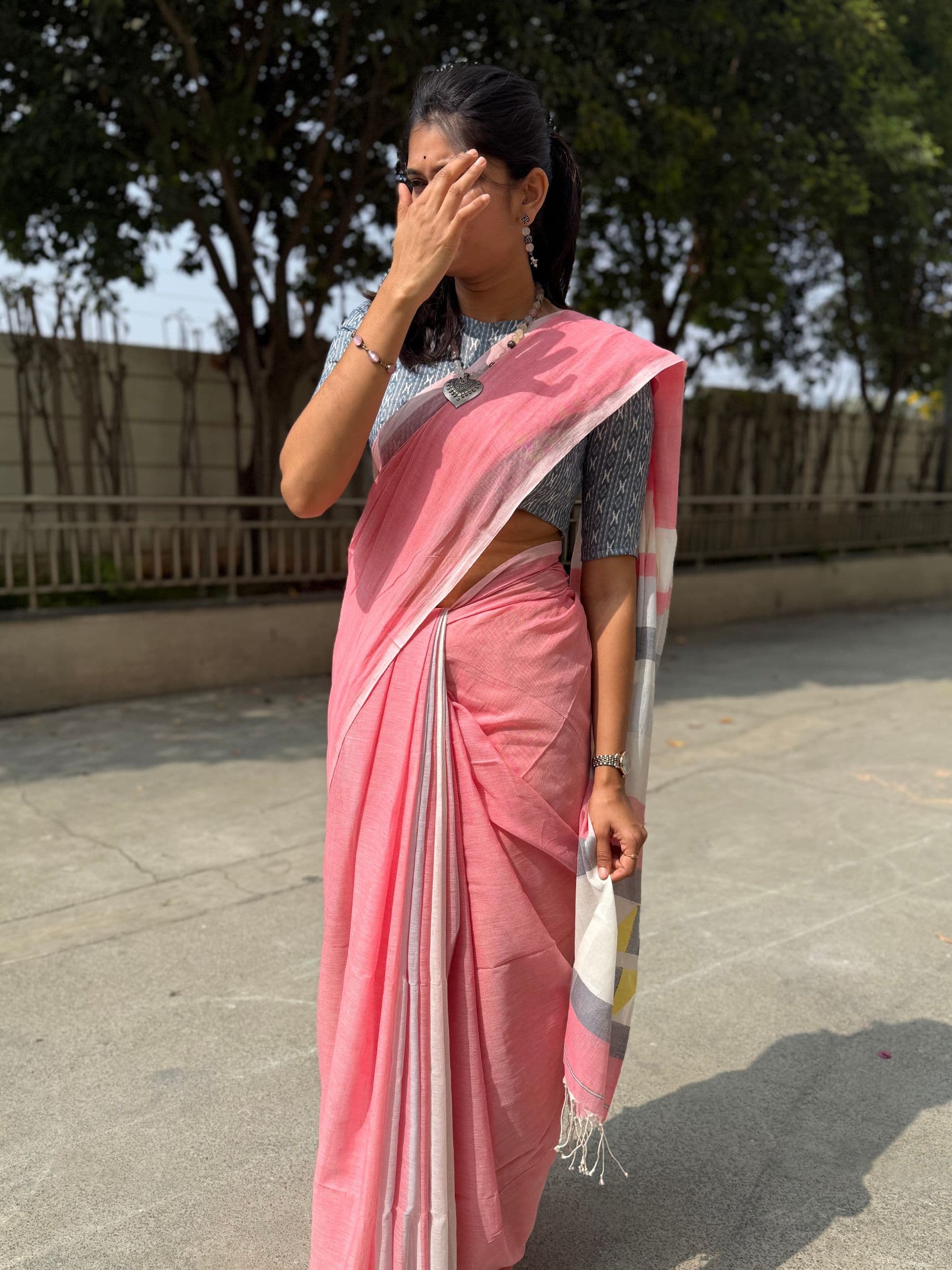 Handloom Cotton Jamdani Saree with Contemporary Checks in Pink