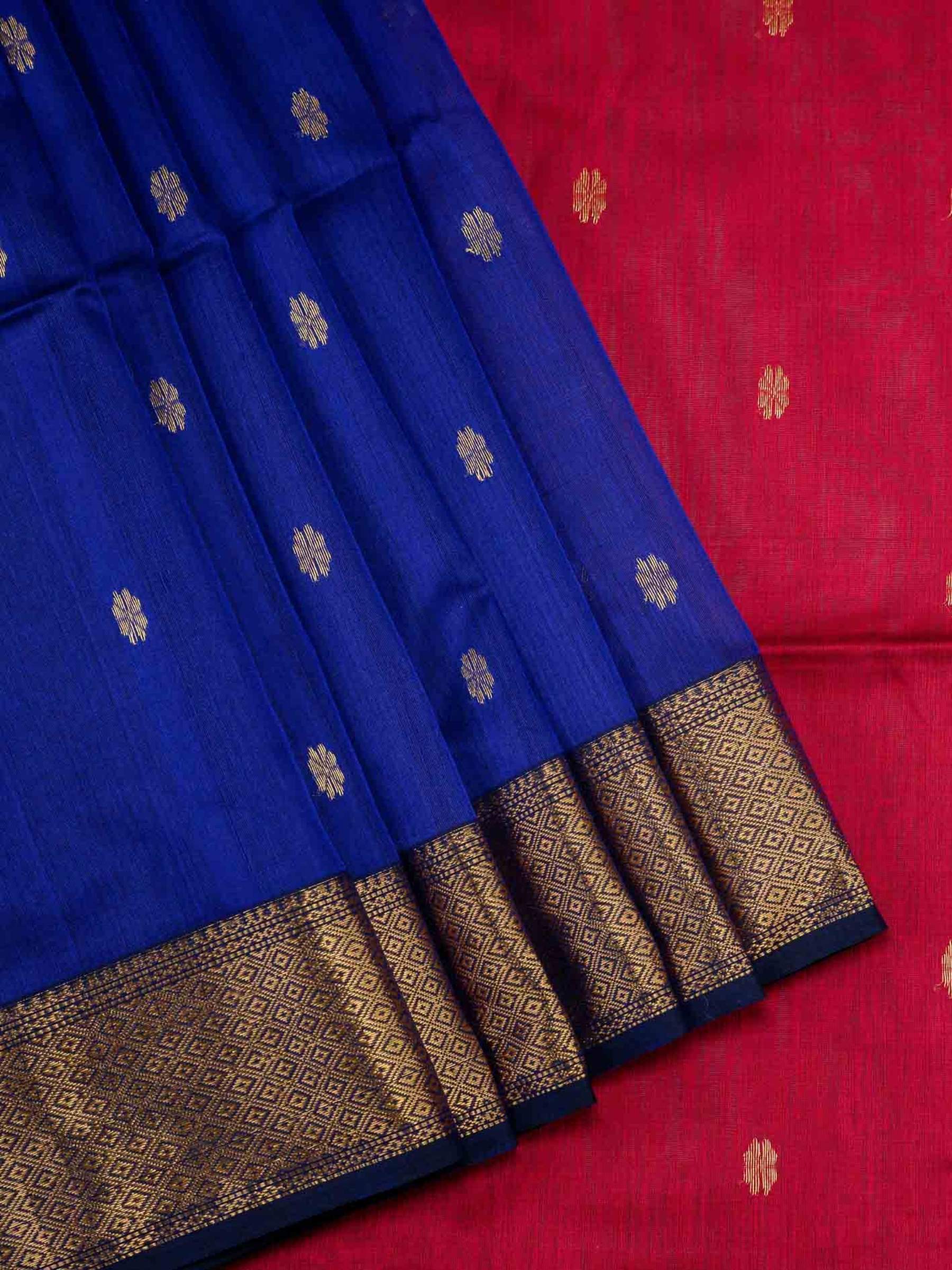 Handloom Maheshwari Silk Cotton Saree in Blue and Red with Zari Butta