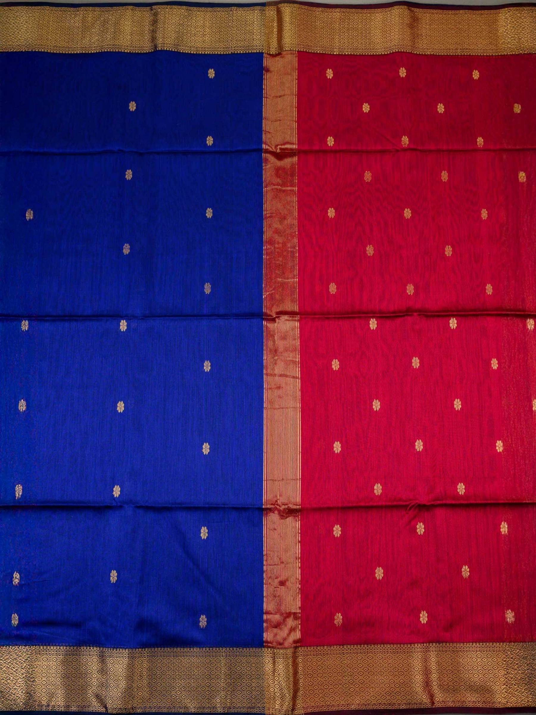 Handloom Maheshwari Silk Cotton Saree in Blue and Red with Zari Butta