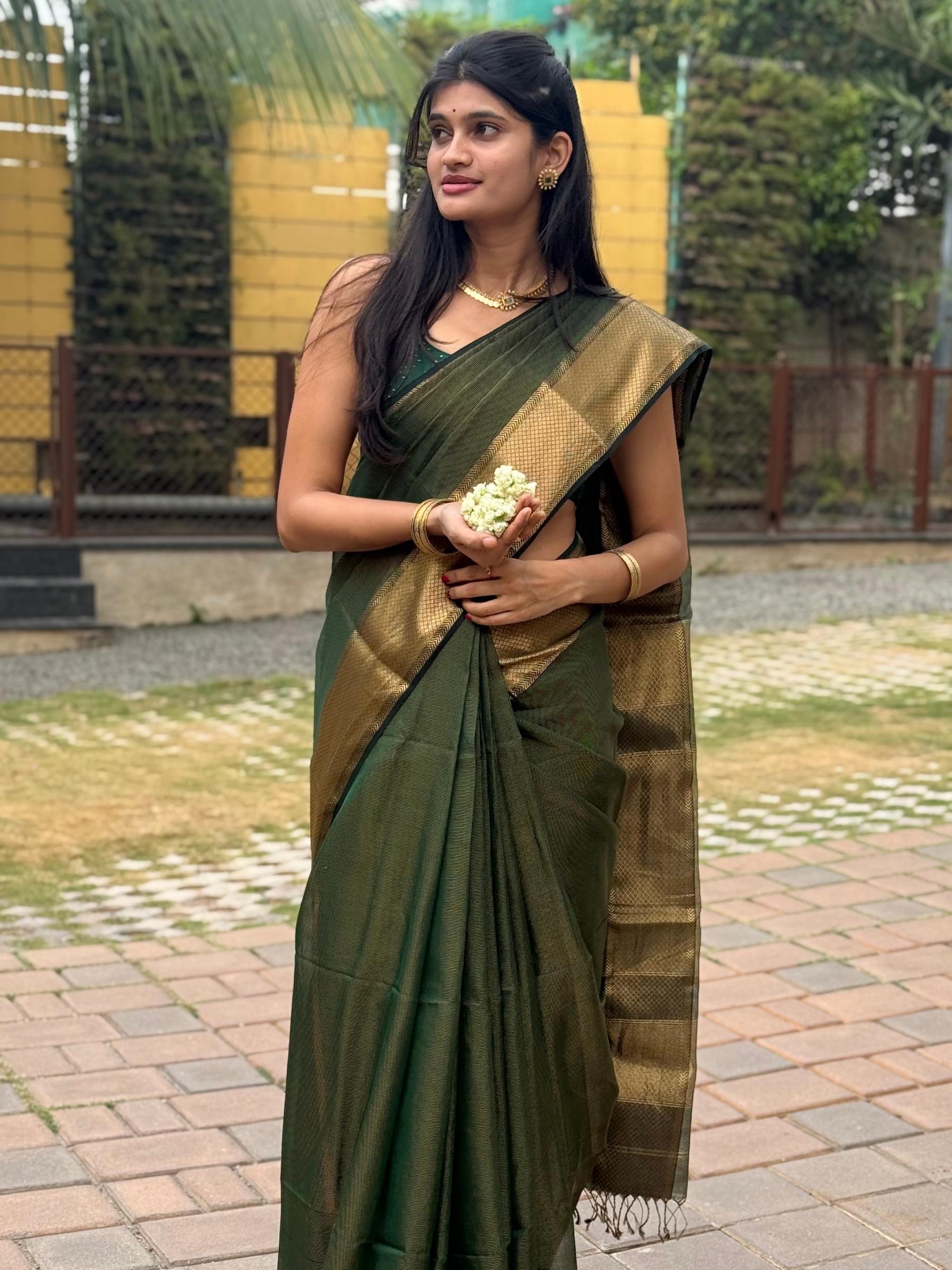Handloom Maheshwari Silk Cotton Saree in Dark Green with Zari Checks
