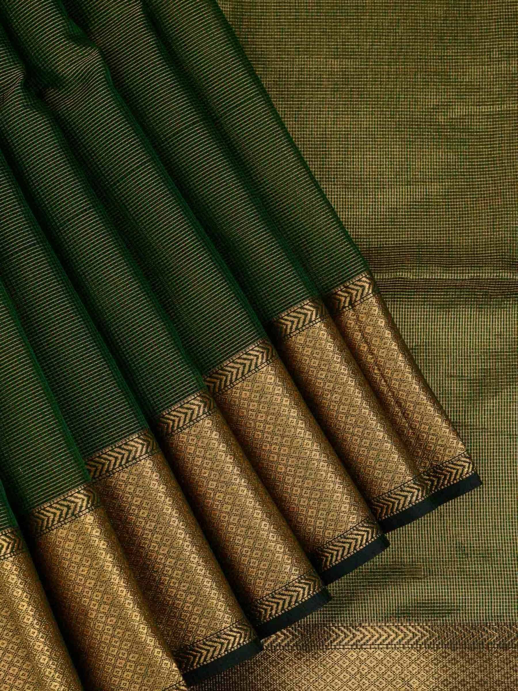 Handloom Maheshwari Silk Cotton Saree in Dark Green with Zari Checks