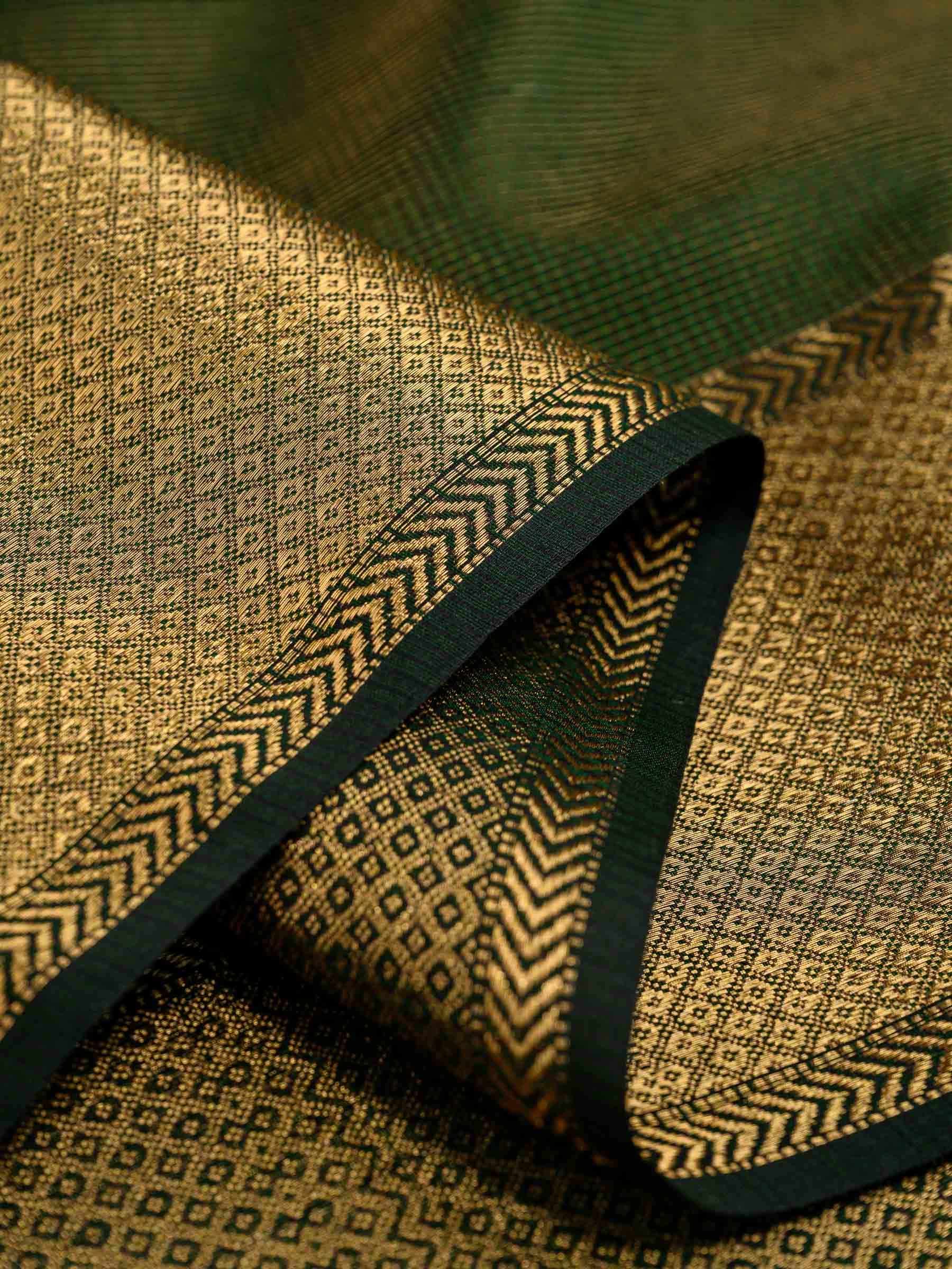 Handloom Maheshwari Silk Cotton Saree in Dark Green with Zari Checks