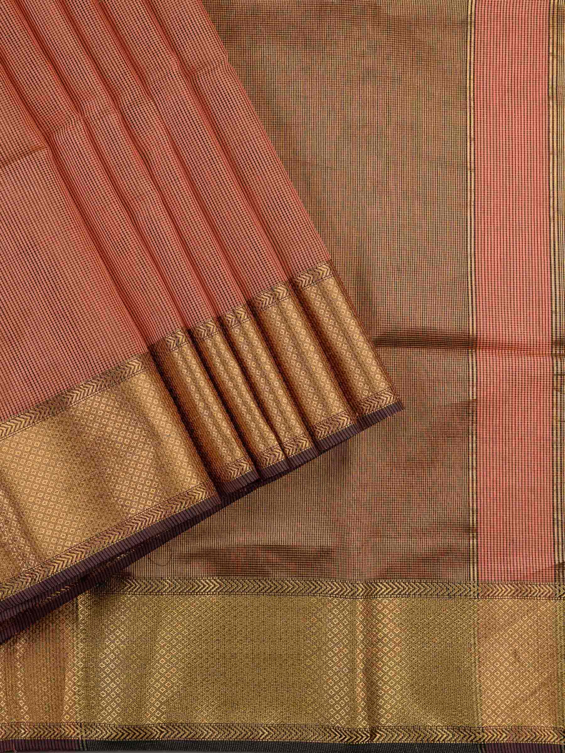 Handloom Maheshwari silk cotton saree in peach and brown with zari checks