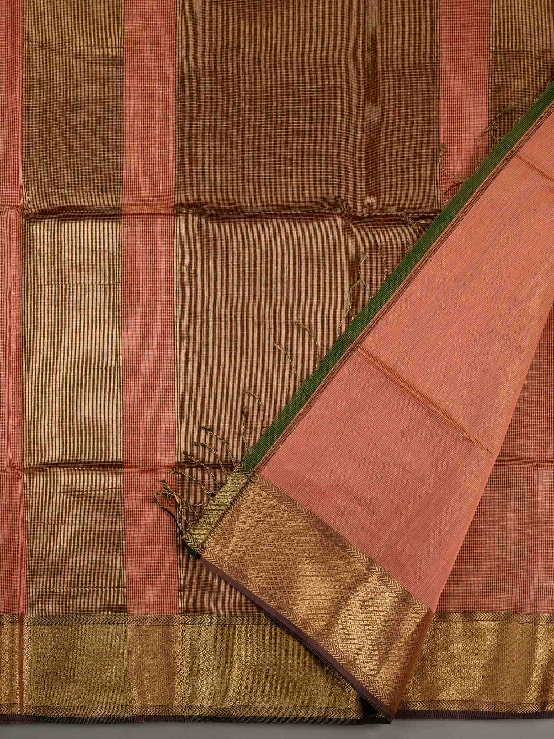 Handloom Maheshwari Silk Cotton Saree in Peach and Brown with Zari Checks