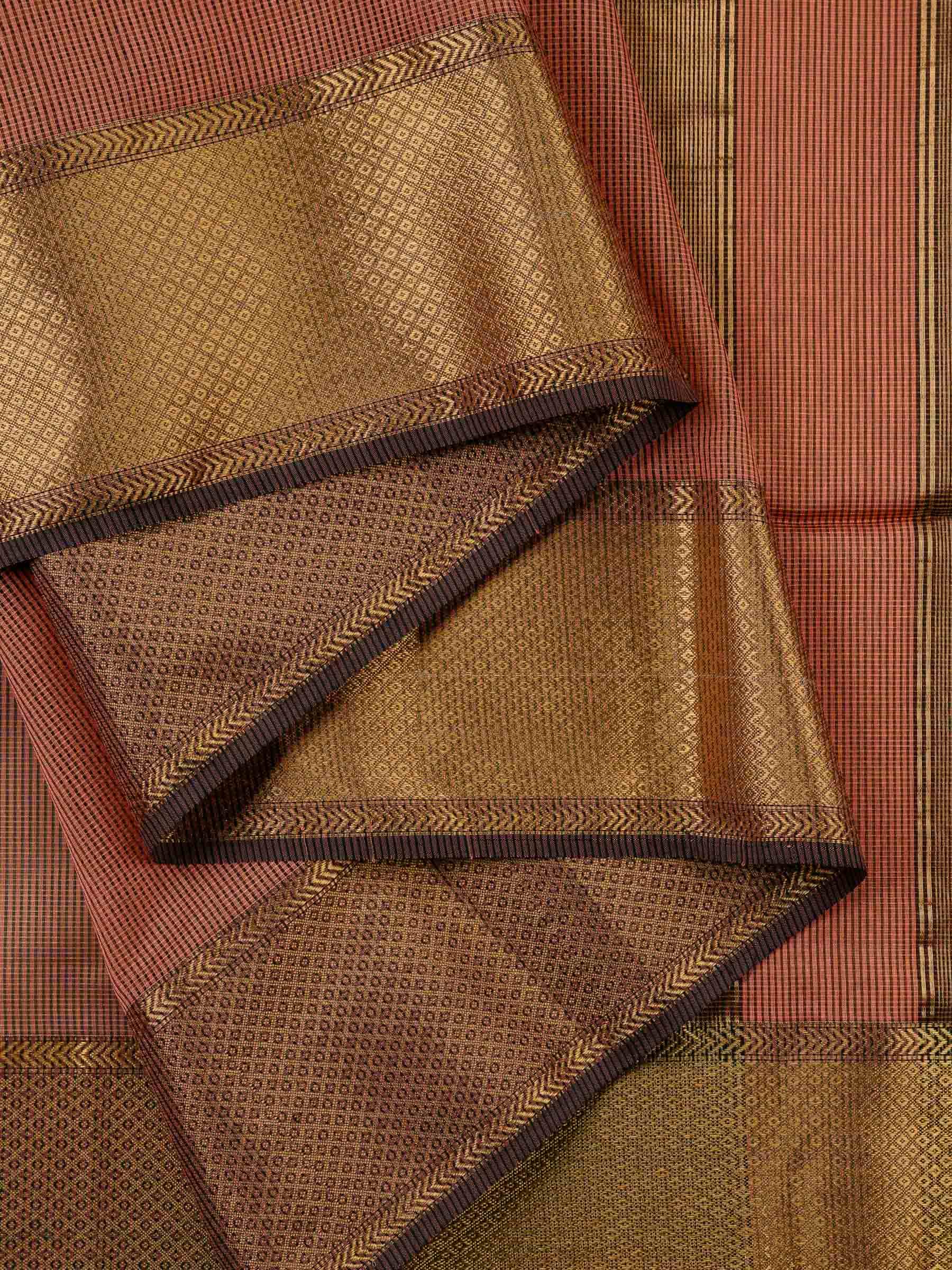 Handloom Maheshwari Silk Cotton Saree in Peach and Brown with Zari Checks