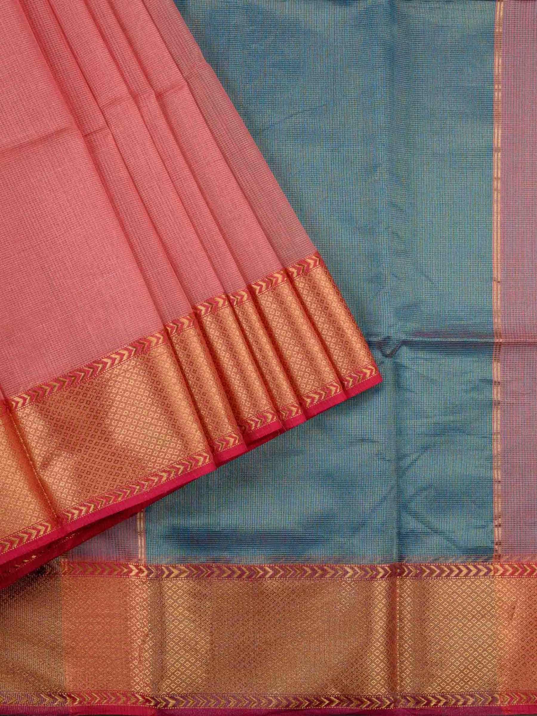 Handloom Maheshwari silk cotton saree in pink and blue with zari checks