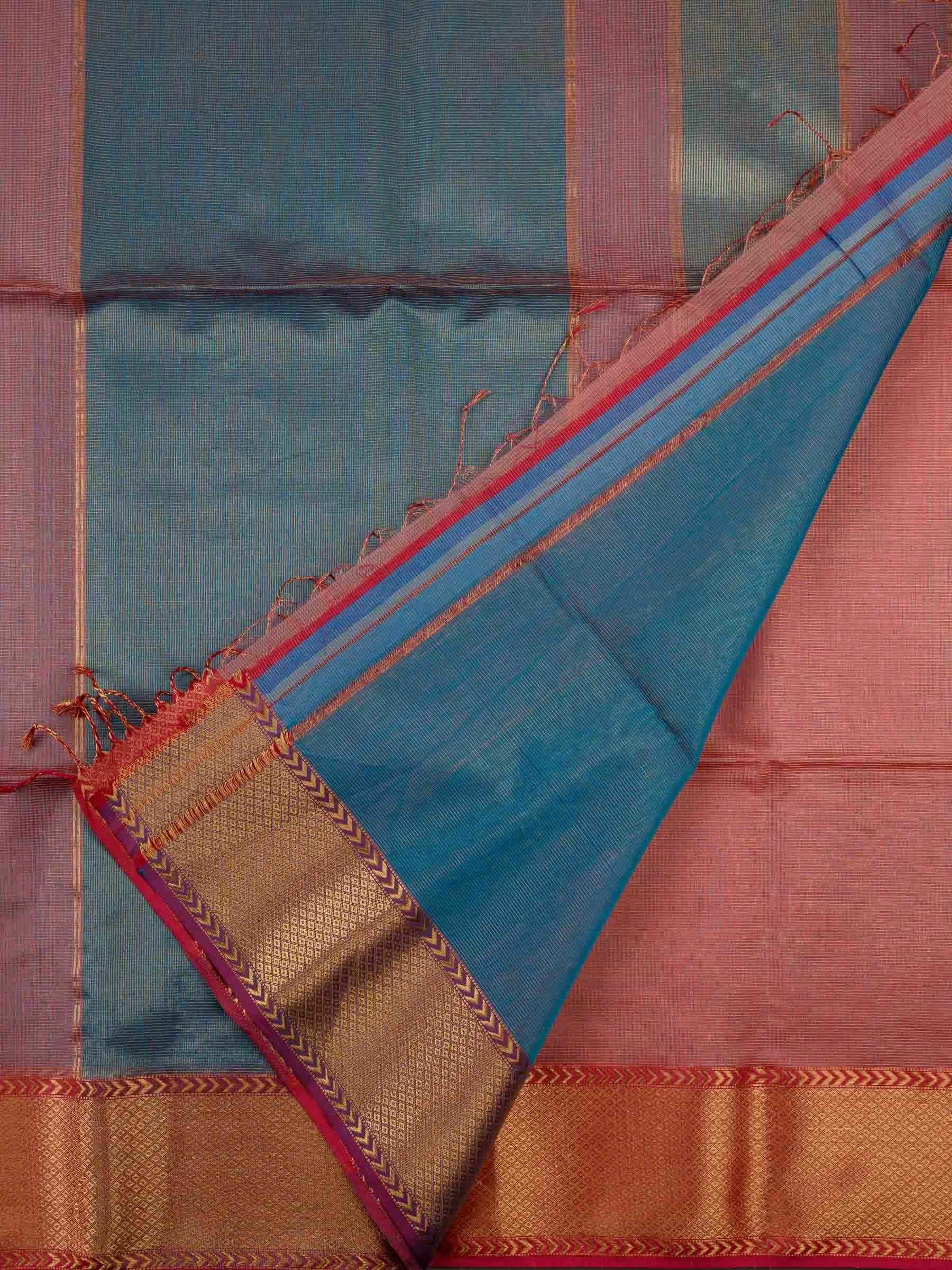 Handloom Maheshwari Silk Cotton Saree in Pink and Blue with Zari Checks