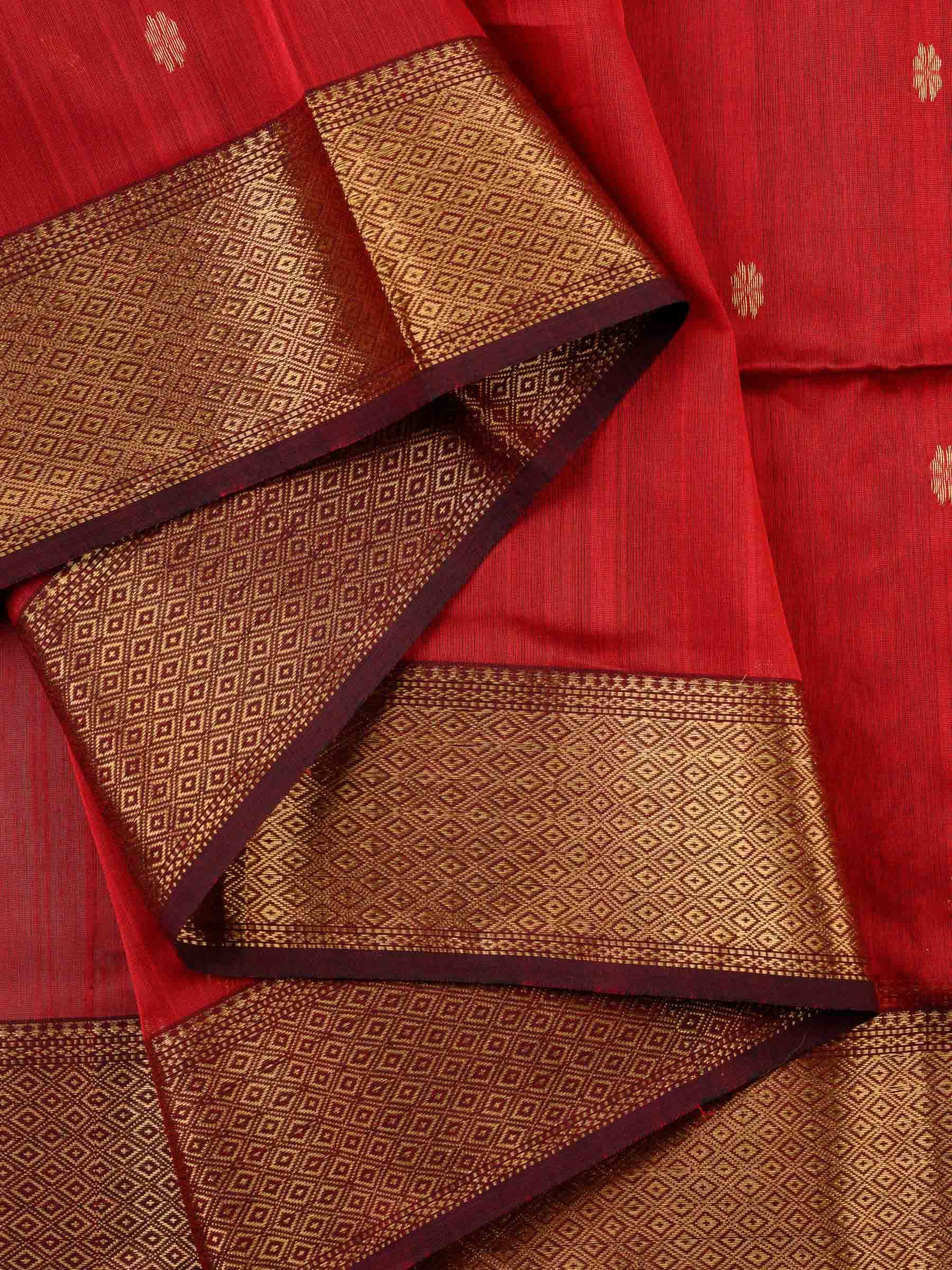 Handloom Maheshwari Silk Cotton Saree in Red with Zari Butta