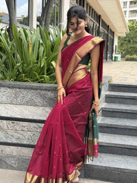 Handloom Maheshwari silk cotton saree in red and green with zari butta