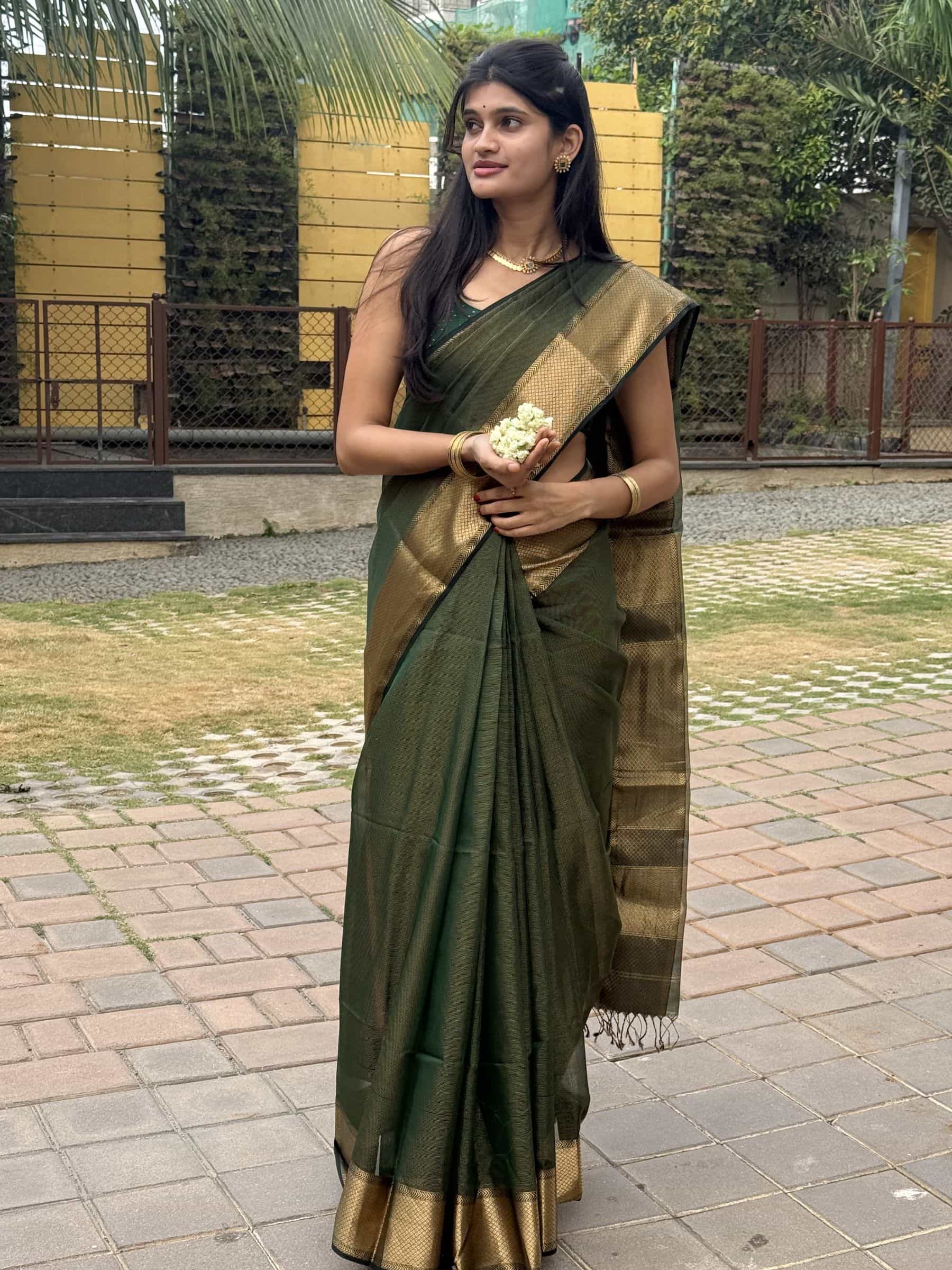 Handloom Maheshwari Silk Cotton Saree in Dark Green with Zari Checks