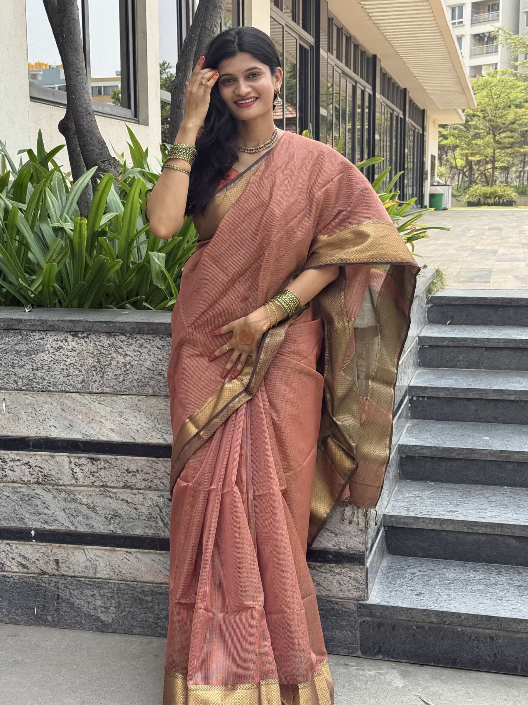 Handloom Maheshwari Silk Cotton Saree in Peach and Brown with Zari Checks