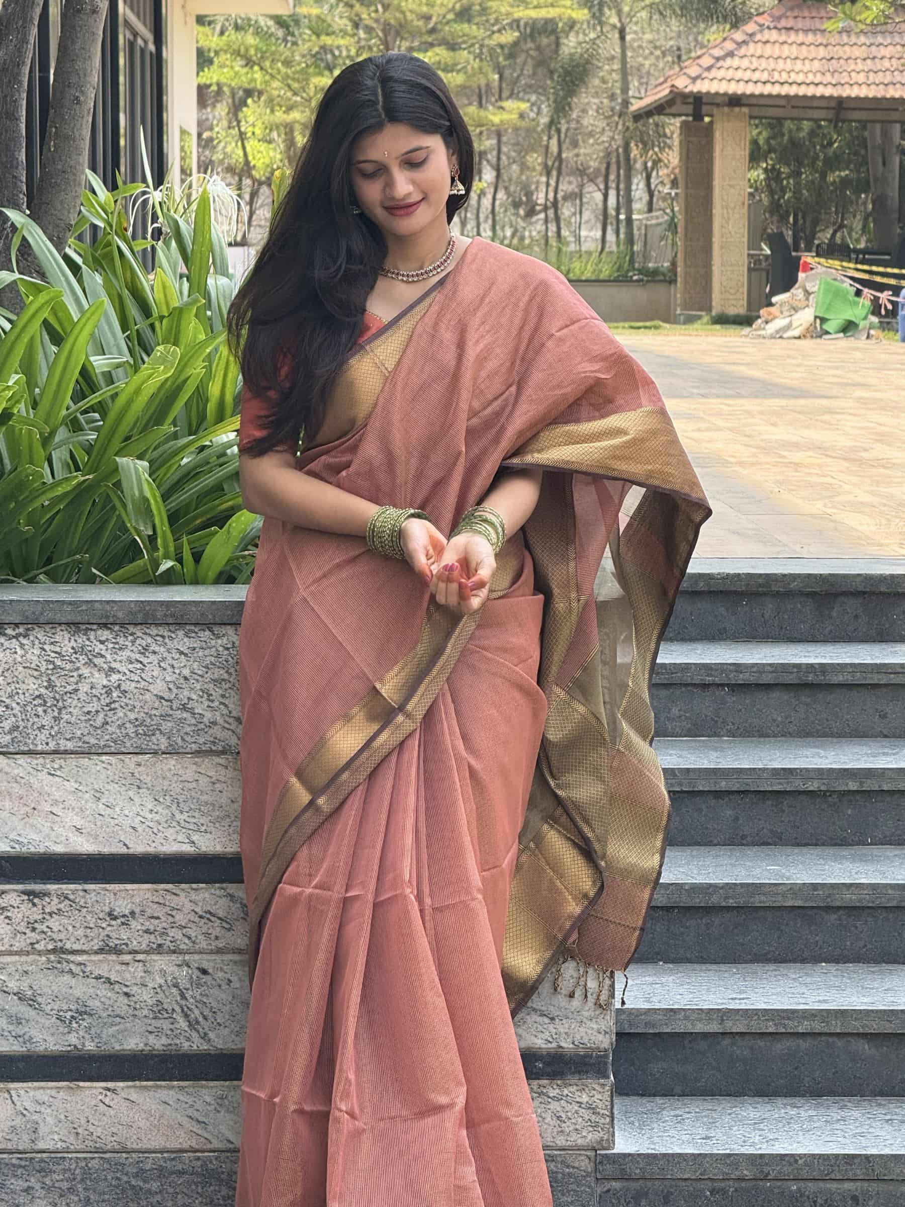 Handloom Maheshwari Silk Cotton Saree in Peach and Brown with Zari Checks