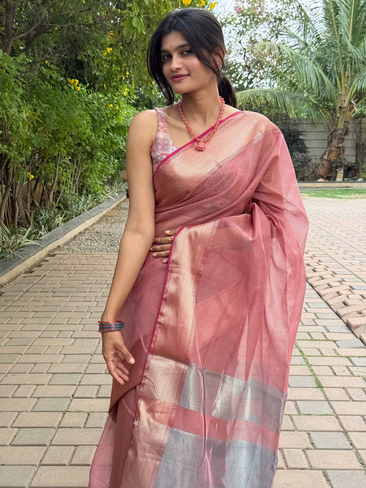 Pink and blue Maheshwari silk cotton saree with zari border