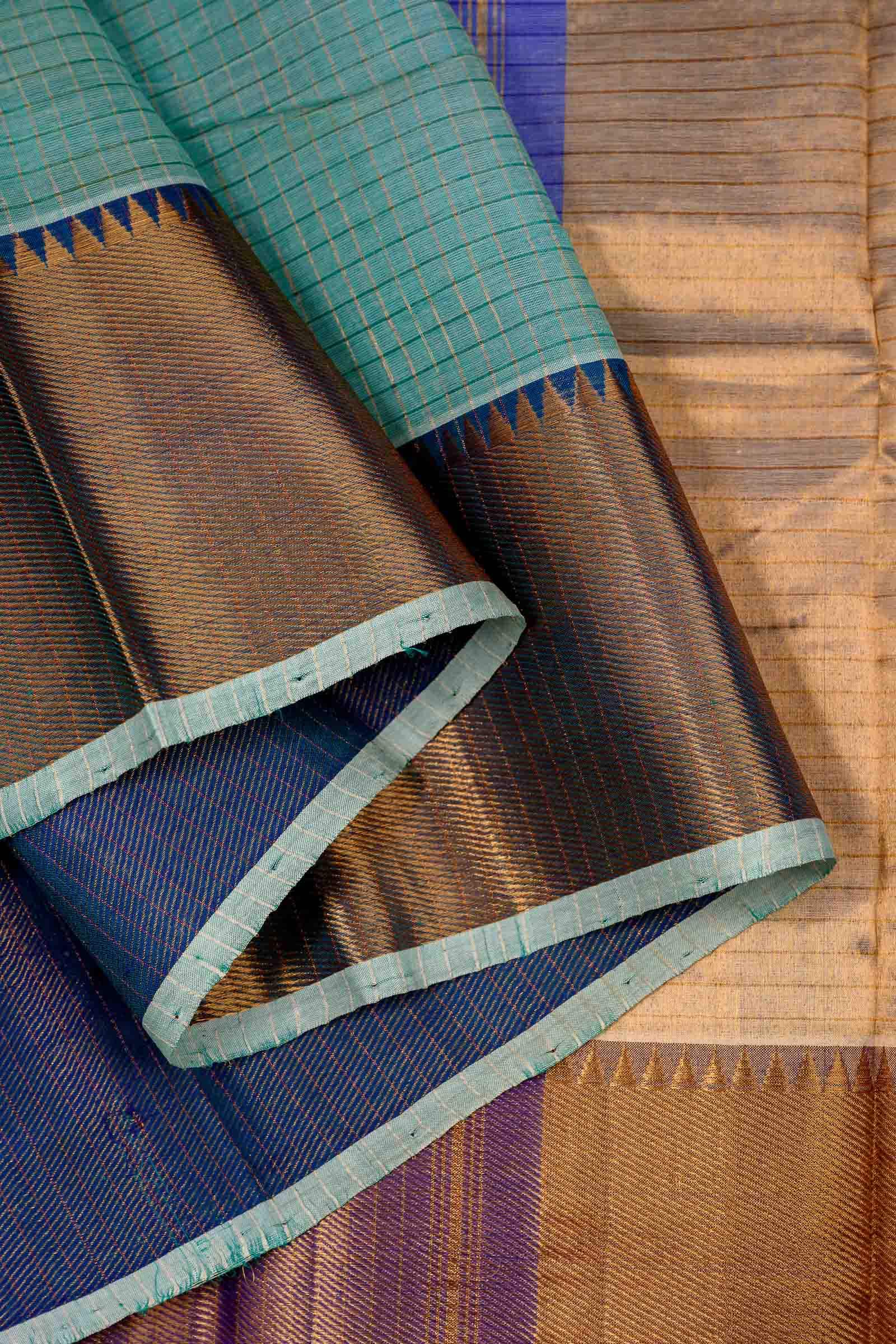 Handloom Mangalagiri Silk Cotton Saree in Cyan Blue with Checked Pattern