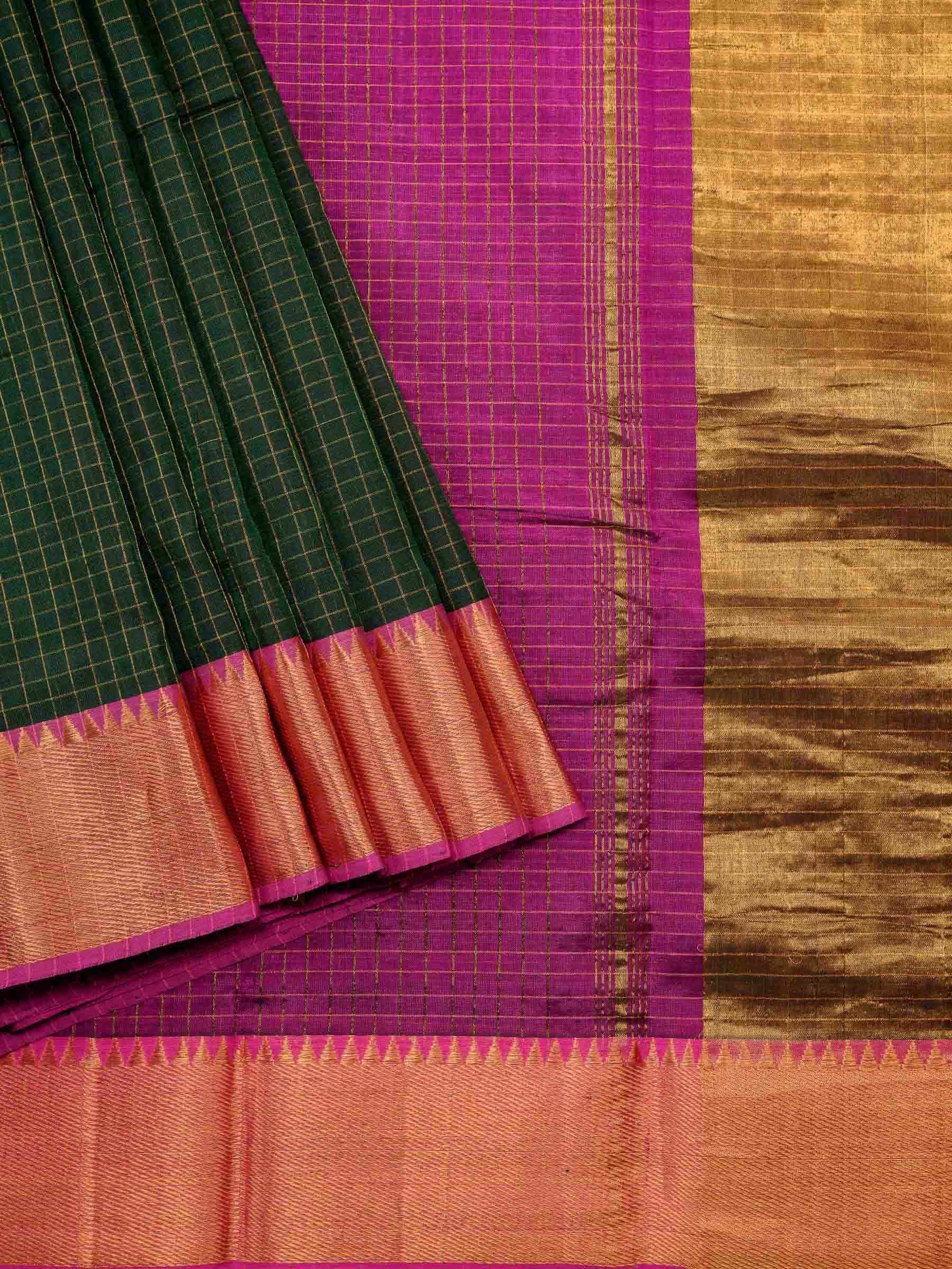 Handloom Mangalagiri Silk Cotton saree in Dark Green and Magenta with Zari Checks