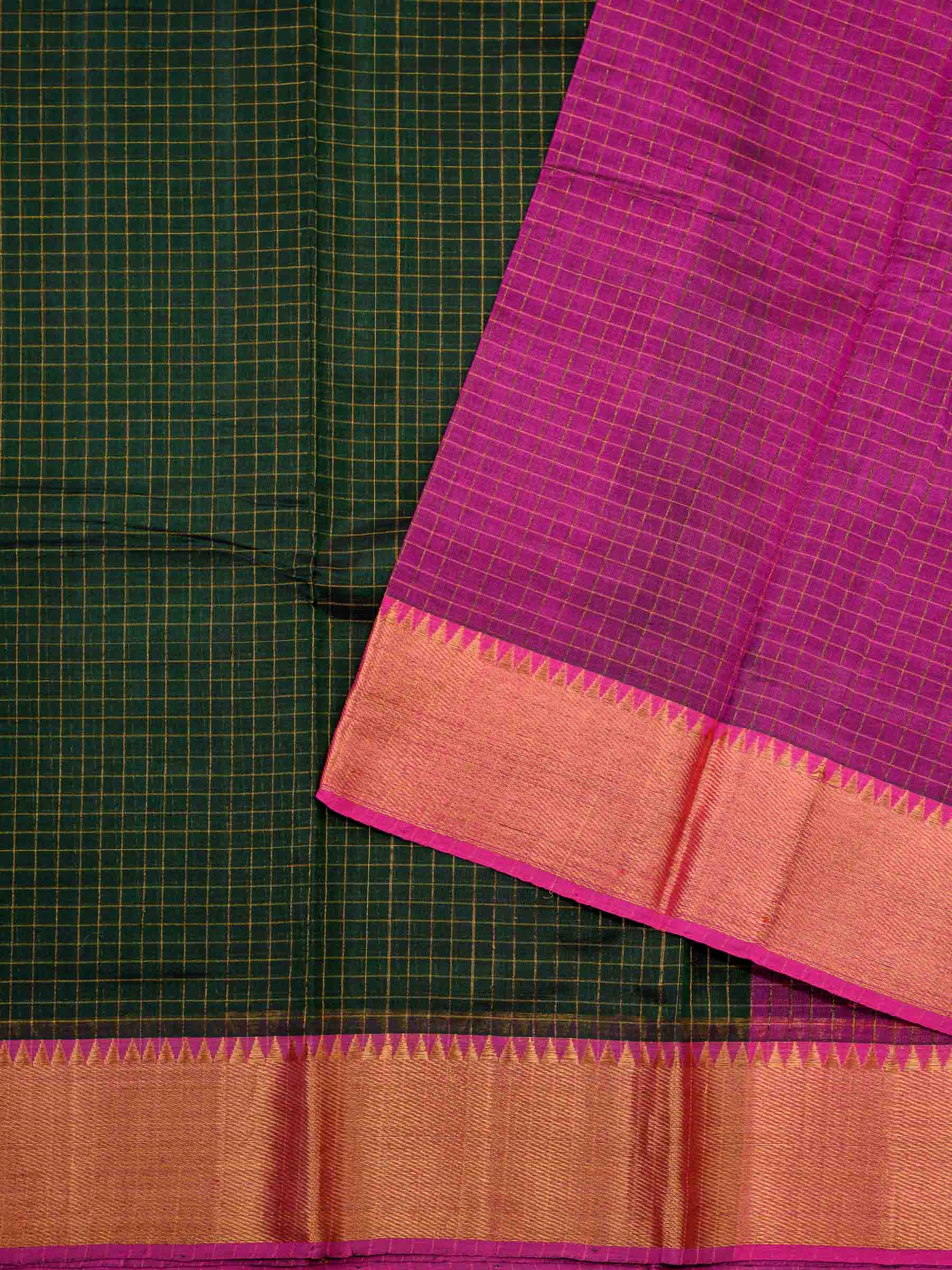 Handloom Mangalagiri Silk Cotton Saree in Green and Magenta with Checked Design