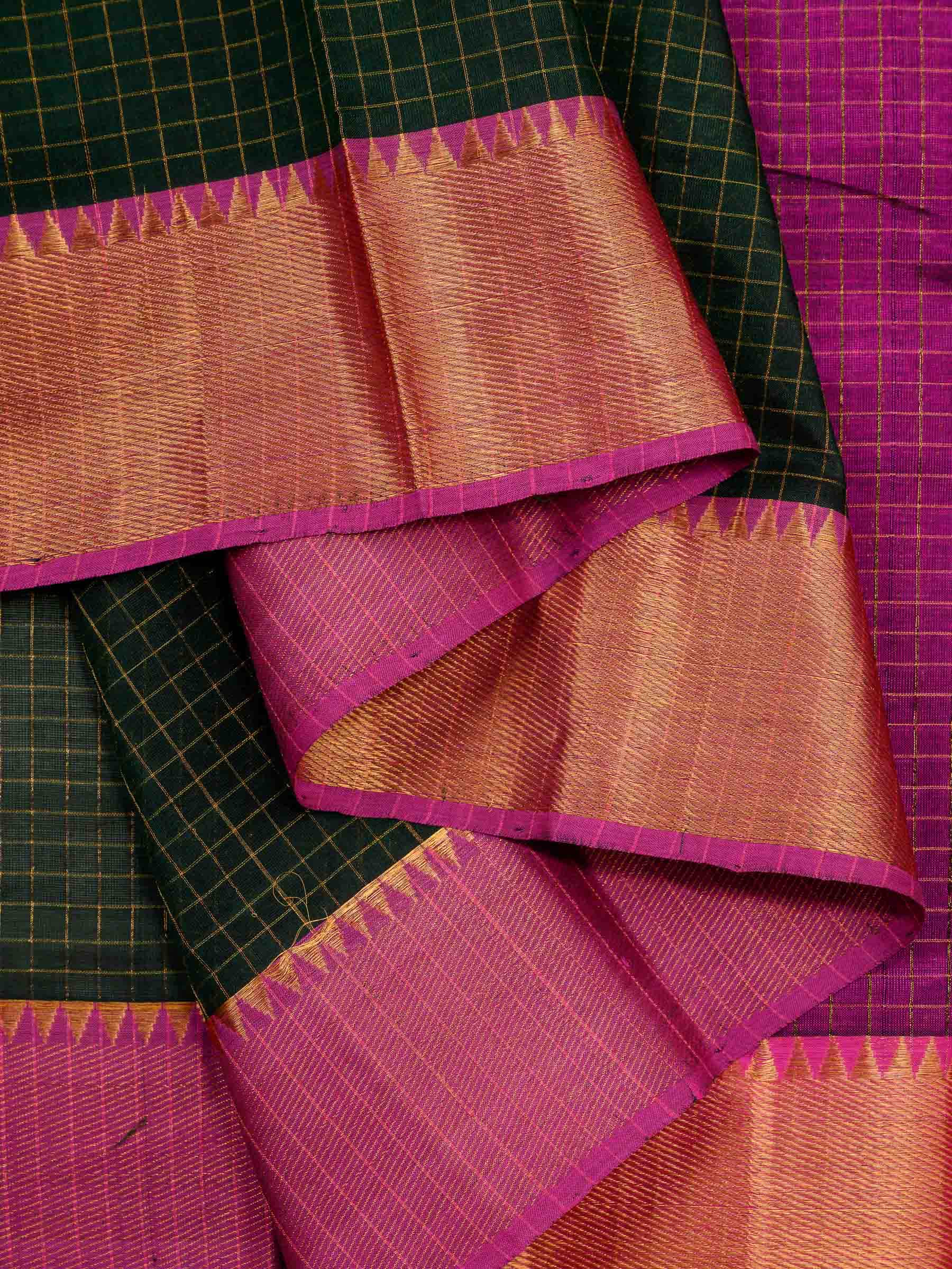 Handloom Mangalagiri Silk Cotton Saree in Green and Magenta with Checked Design