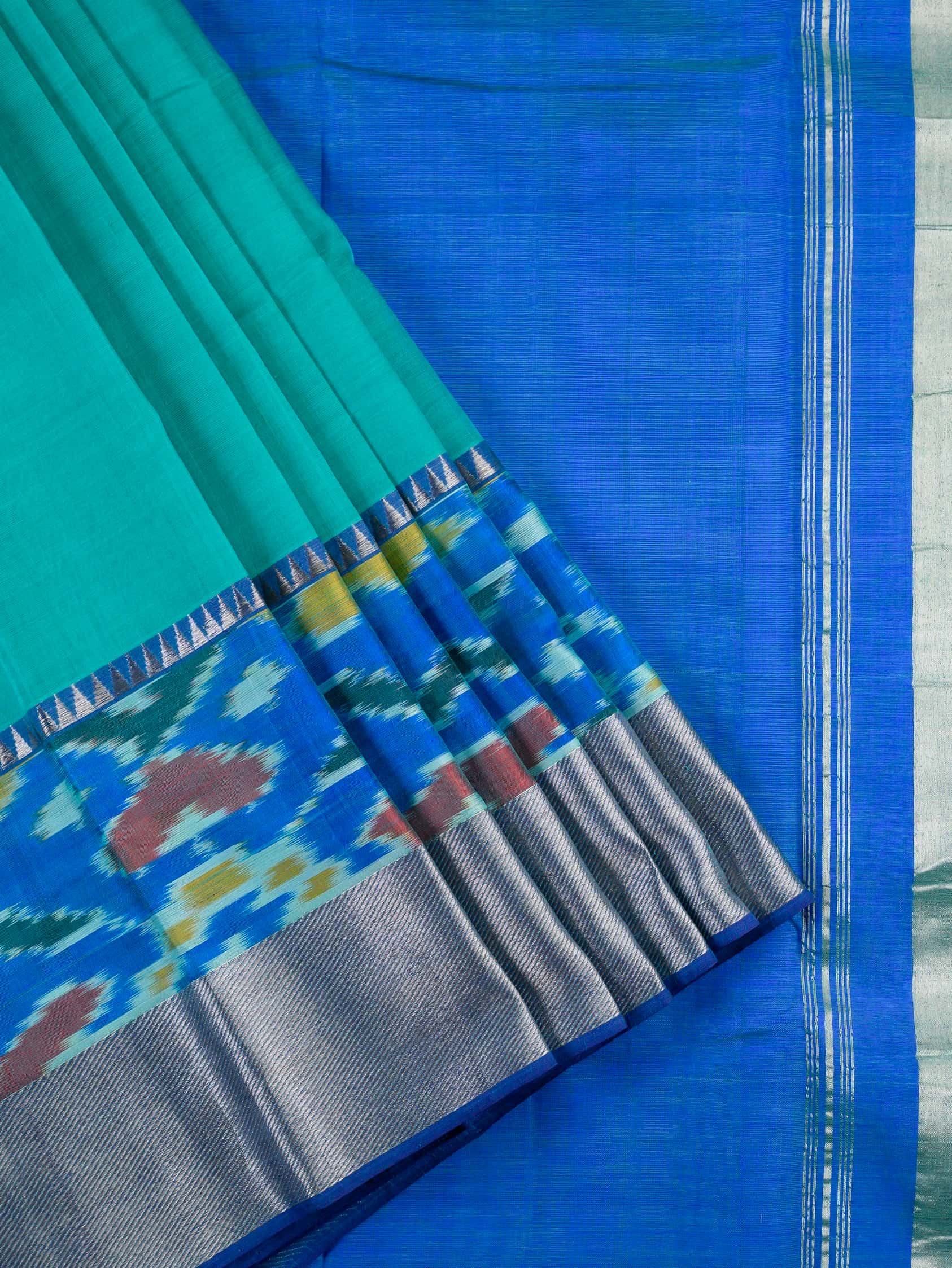Handloom Mangalagiri Silk Cotton Saree in Green and Blue with Ikat Border