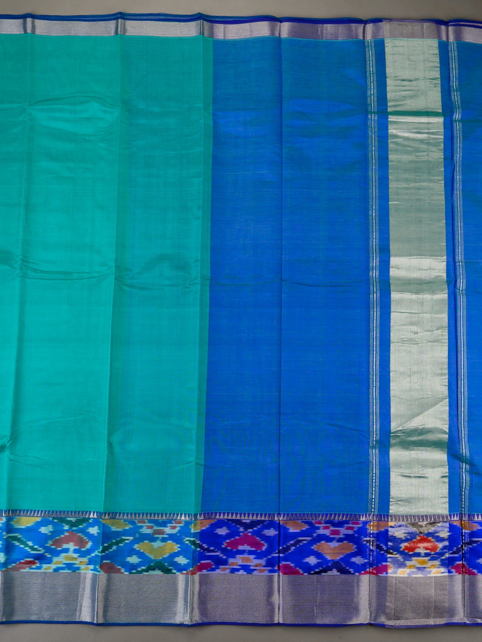 Handloom Mangalagiri Silk Cotton Saree in Green and Blue with Ikat Border