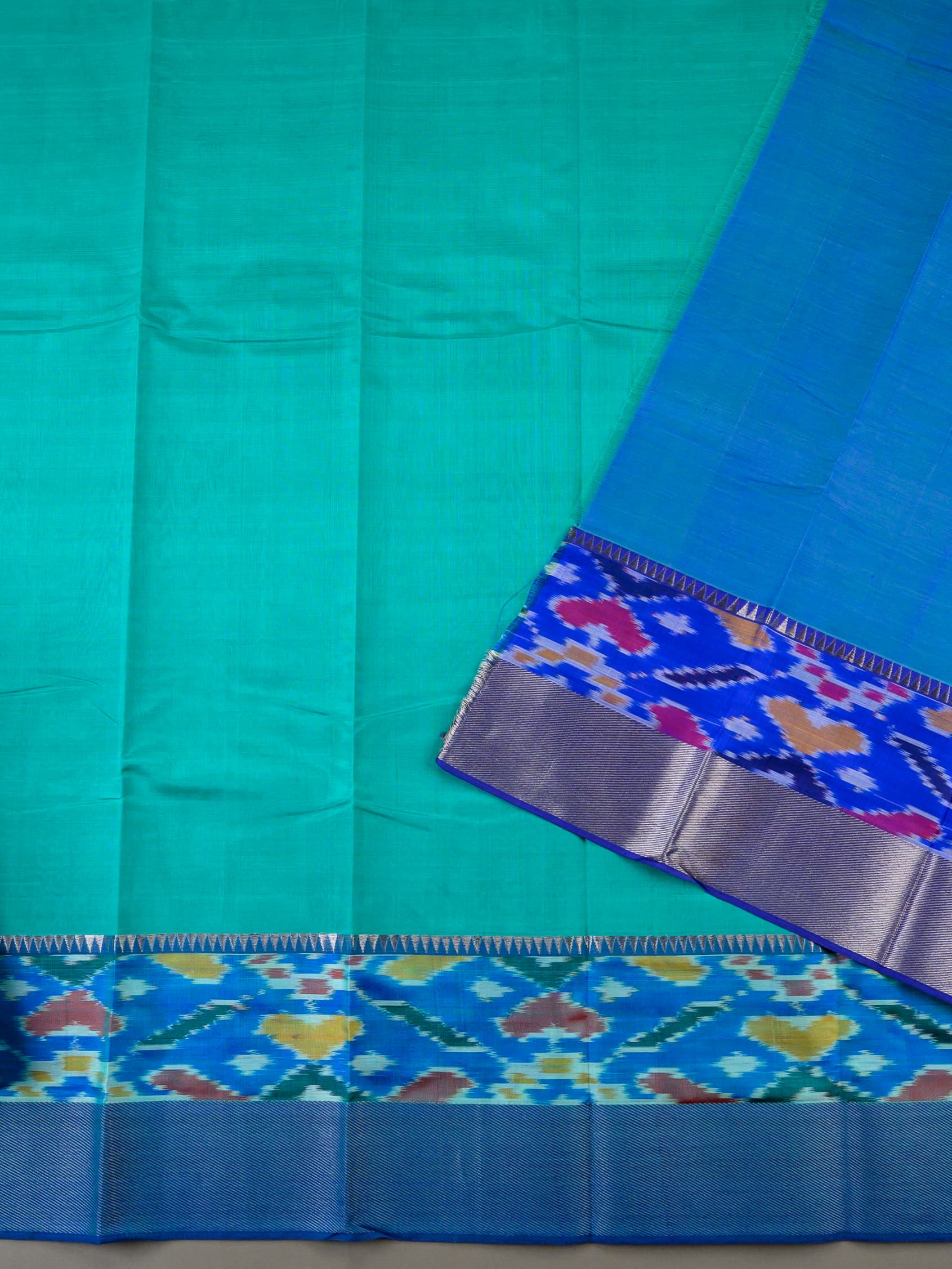 Handloom Mangalagiri Silk Cotton Saree in Green and Blue with Ikat Border