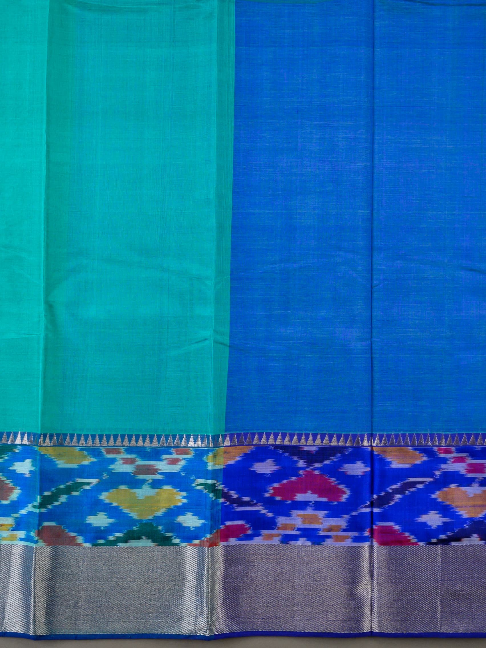Handloom Mangalagiri Silk Cotton Saree in Green and Blue with Ikat Border