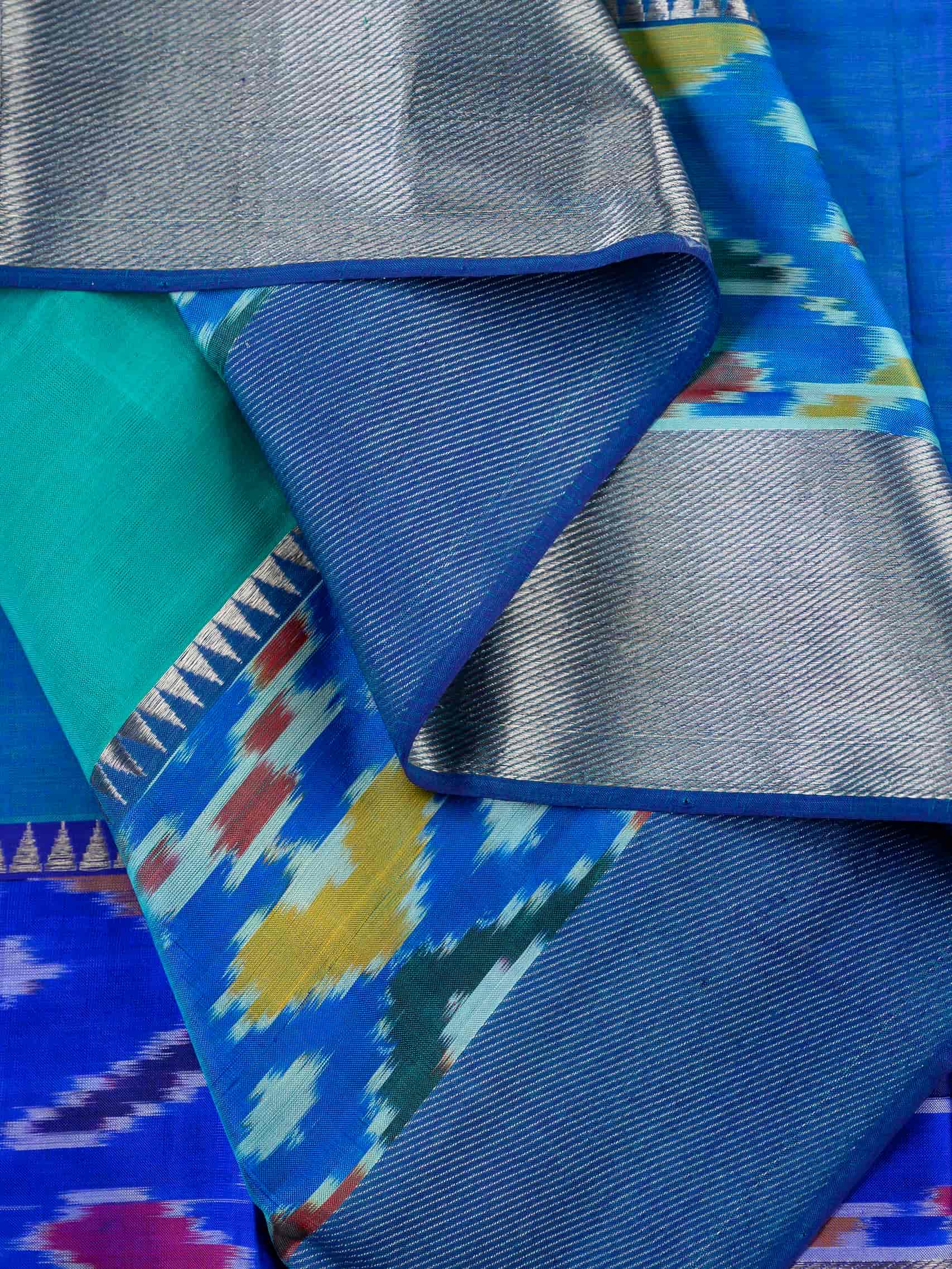 Handloom Mangalagiri Silk Cotton Saree in Green and Blue with Ikat Border
