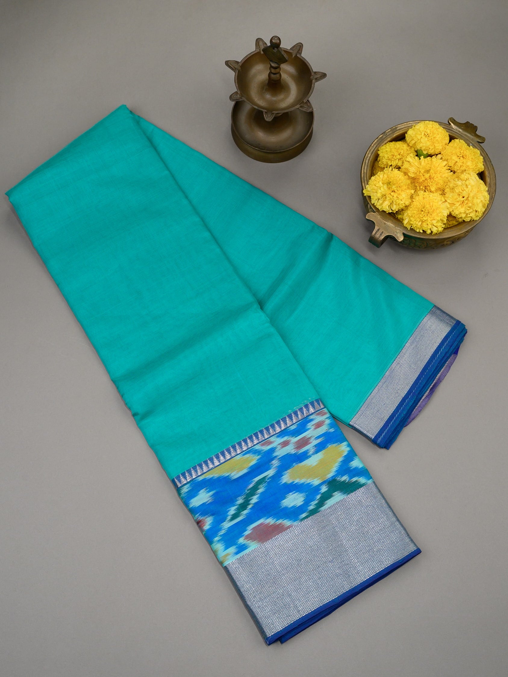 Handloom Mangalagiri silk cotton saree in green and blue with Ikat border