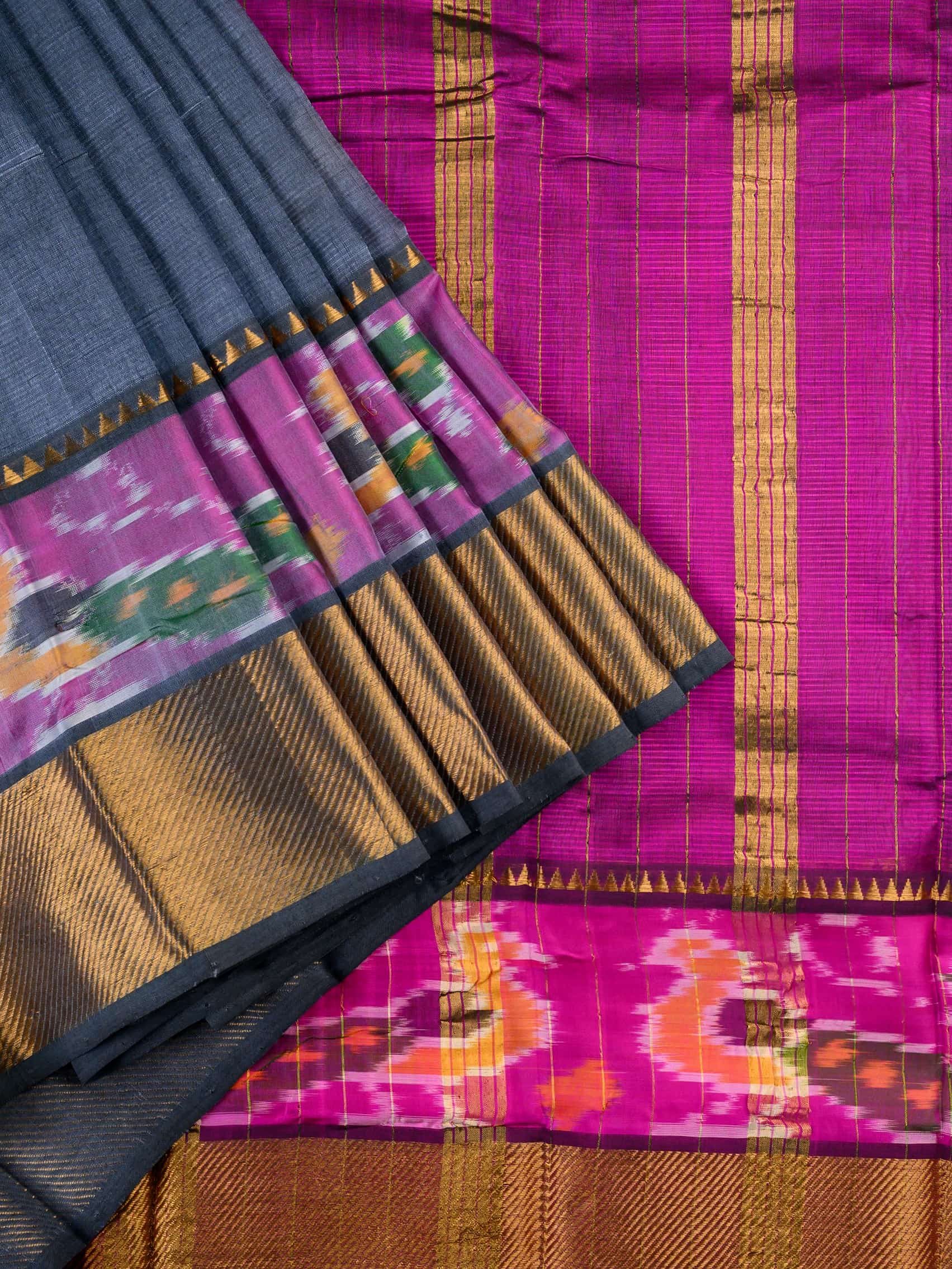 Handloom Mangalagiri Silk Cotton Saree in Grey and Magenta with Ikat Border