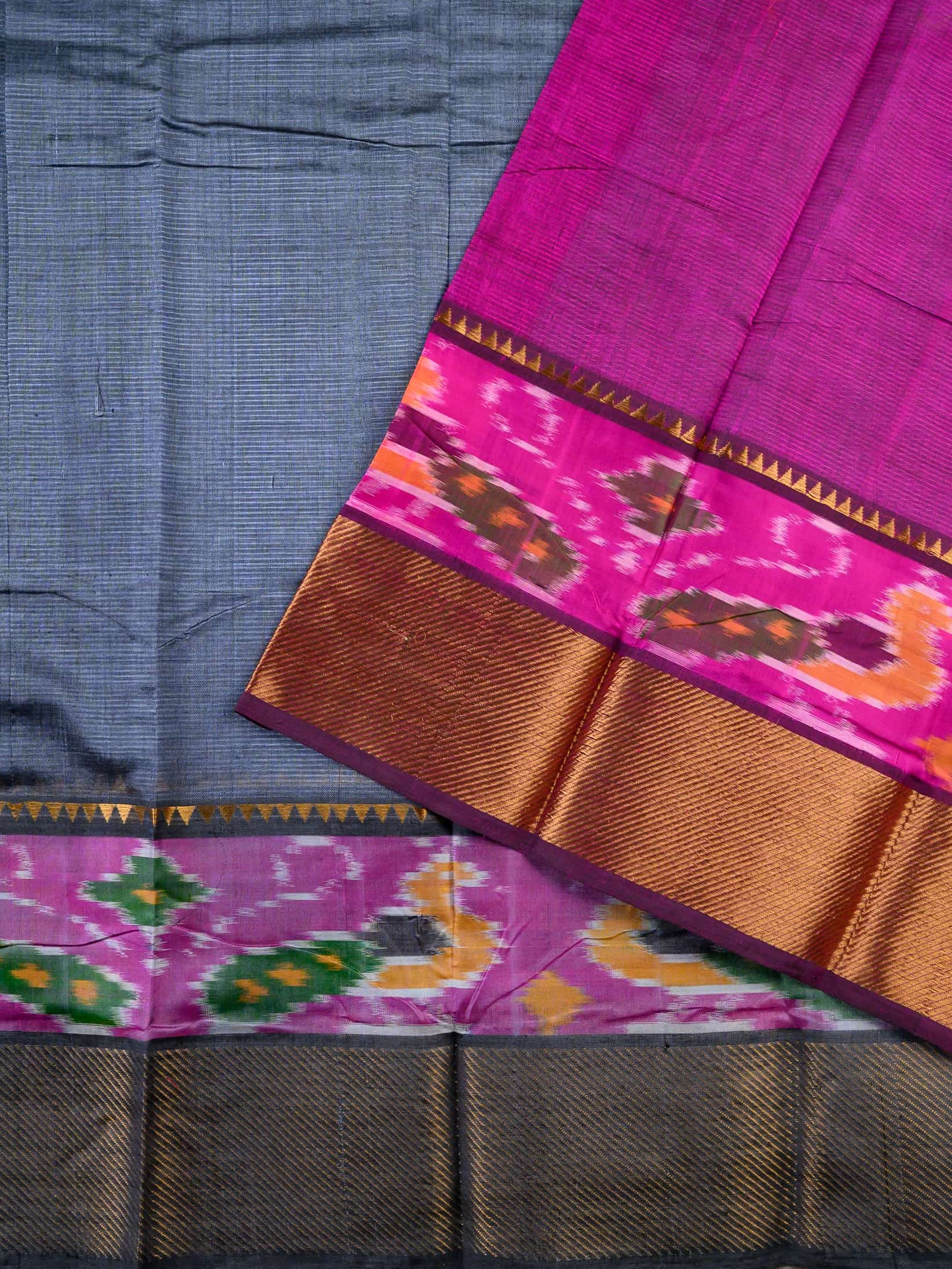 Handloom Mangalagiri Silk Cotton Saree in Grey and Magenta with Ikat Border
