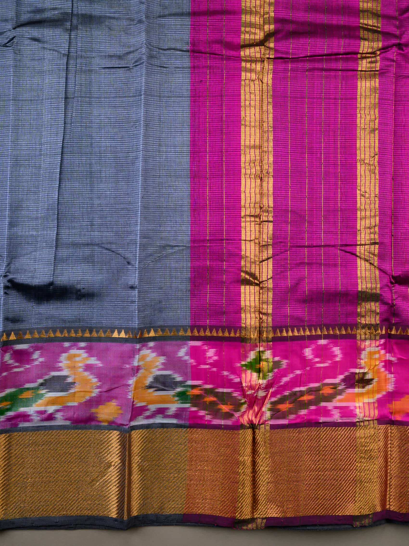Handloom Mangalagiri Silk Cotton Saree in Grey and Magenta with Ikat Border