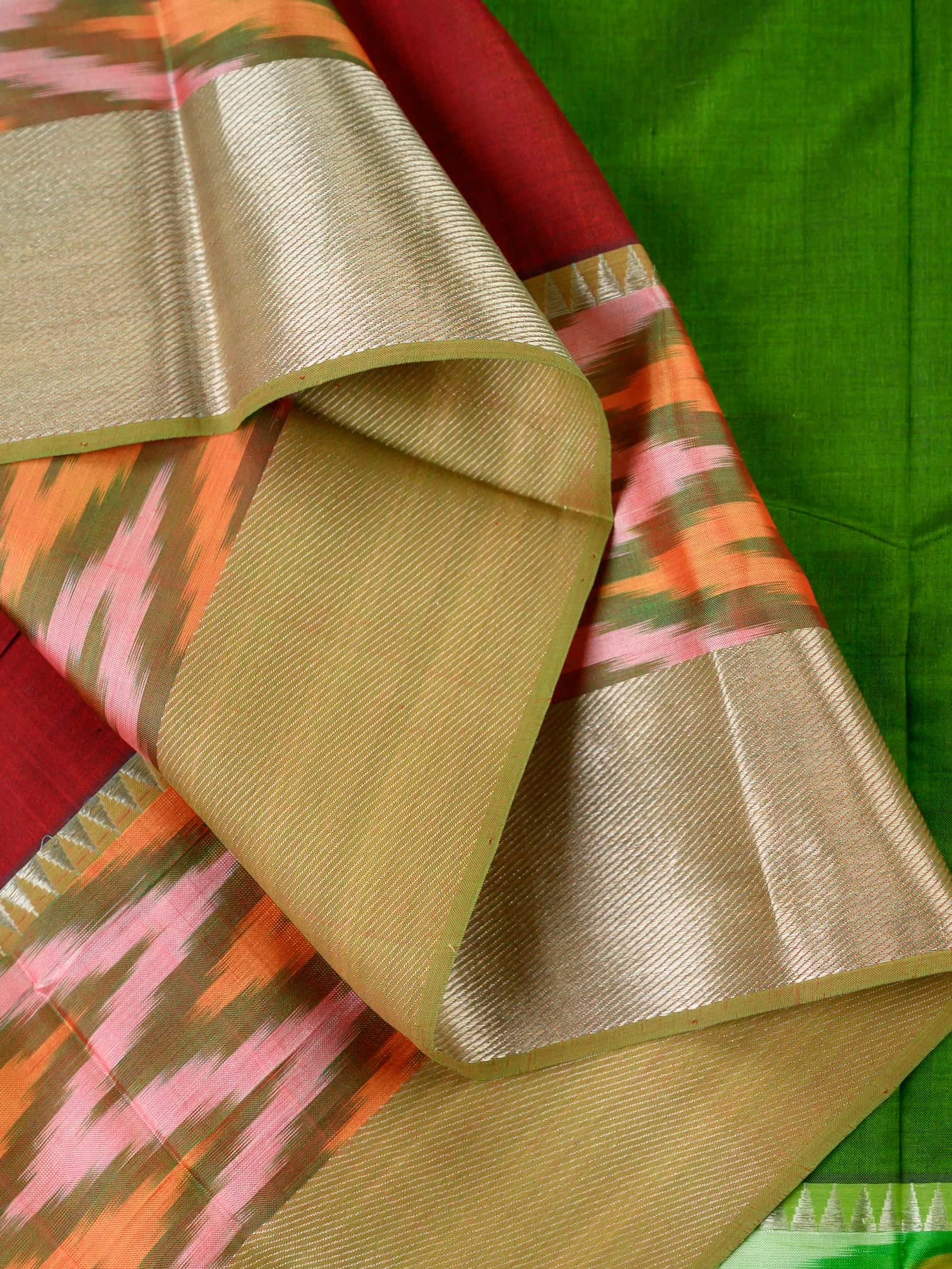 Handloom Mangalagiri Silk Cotton Saree in Maroon and Green with Ikat Border