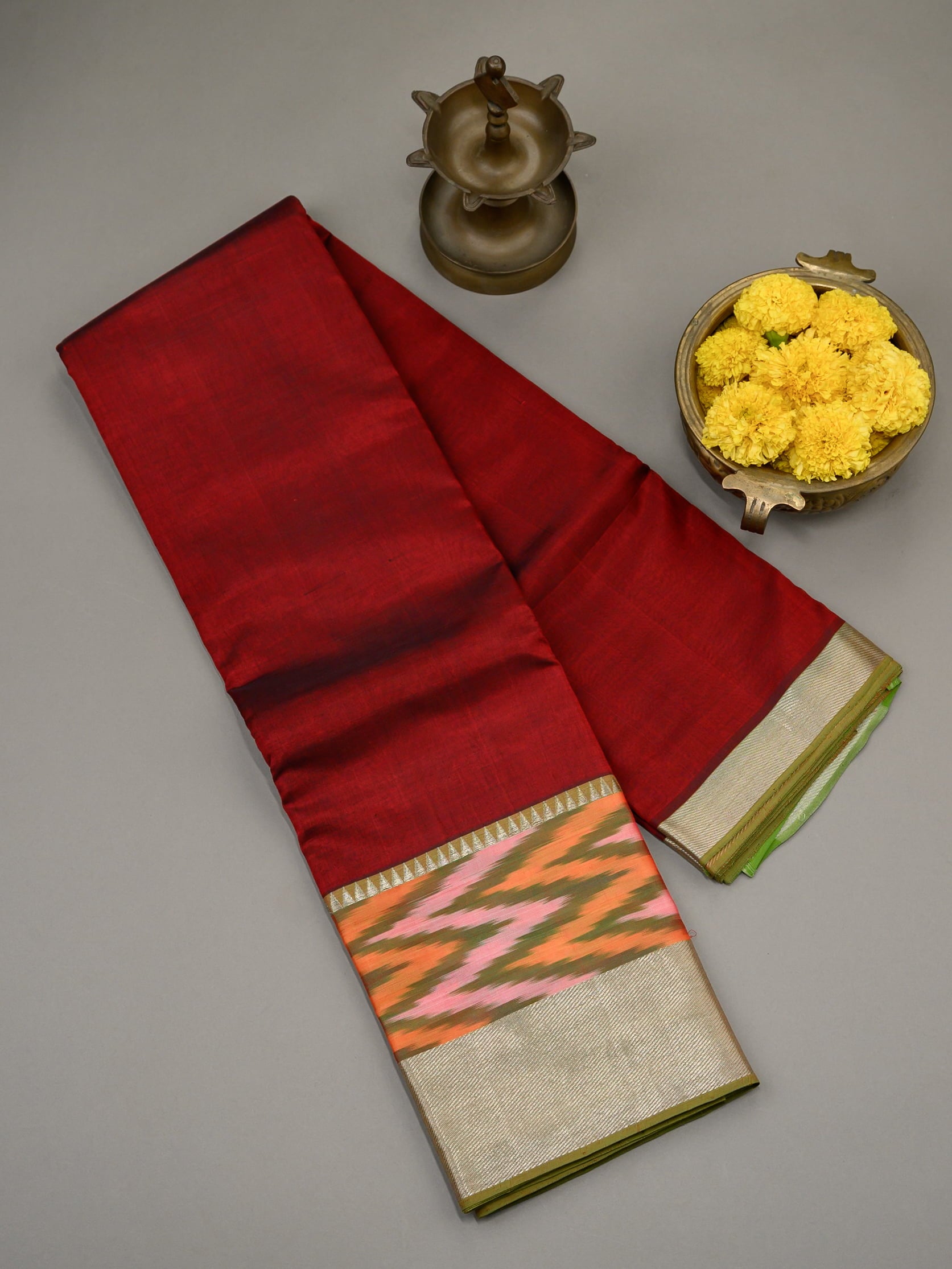 Handloom Mangalagiri silk cotton saree in maroon and green with Ikat border
