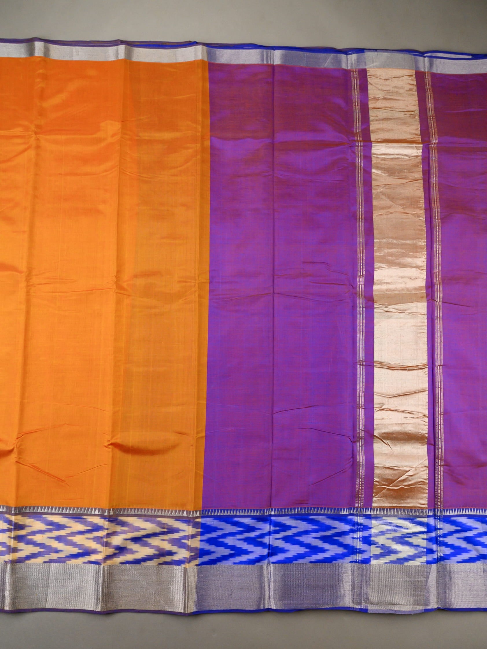 Handloom Mangalagiri Silk Cotton Saree in Orange and Purple with Ikat Border