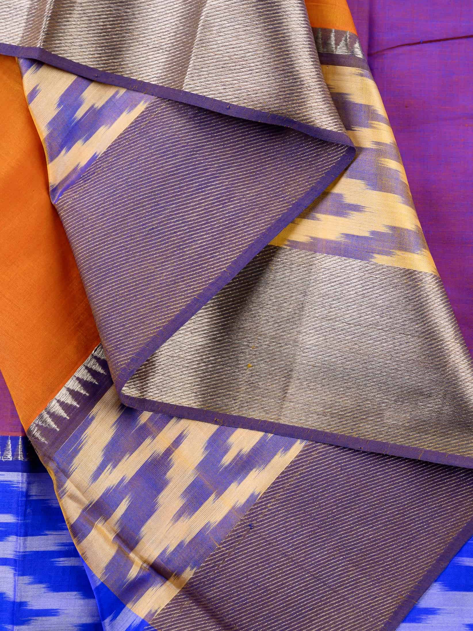 Handloom Mangalagiri Silk Cotton Saree in Orange and Purple with Ikat Border