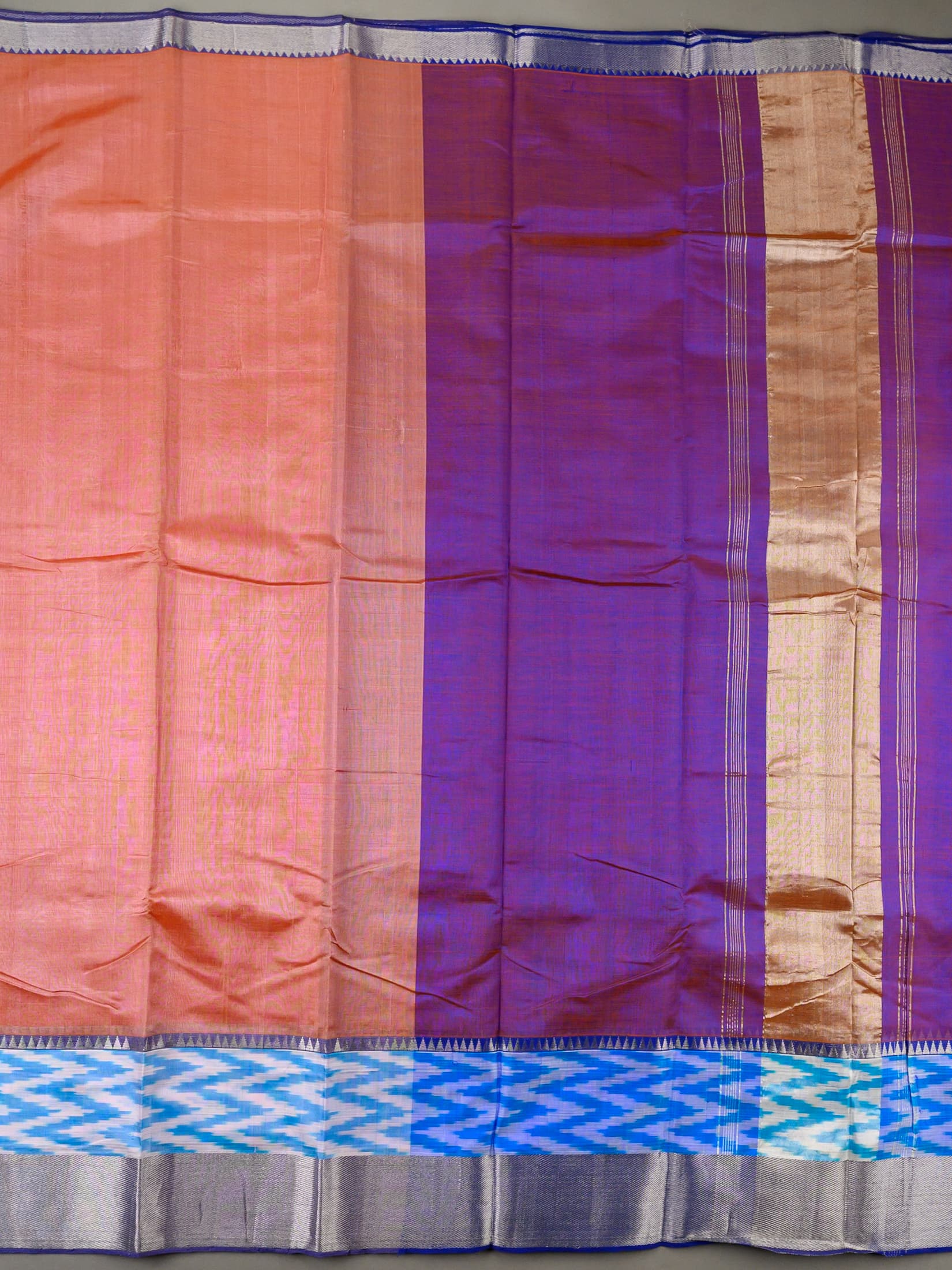 Handloom Mangalagiri Silk Cotton Saree in Peach and Purple with Ikat Border
