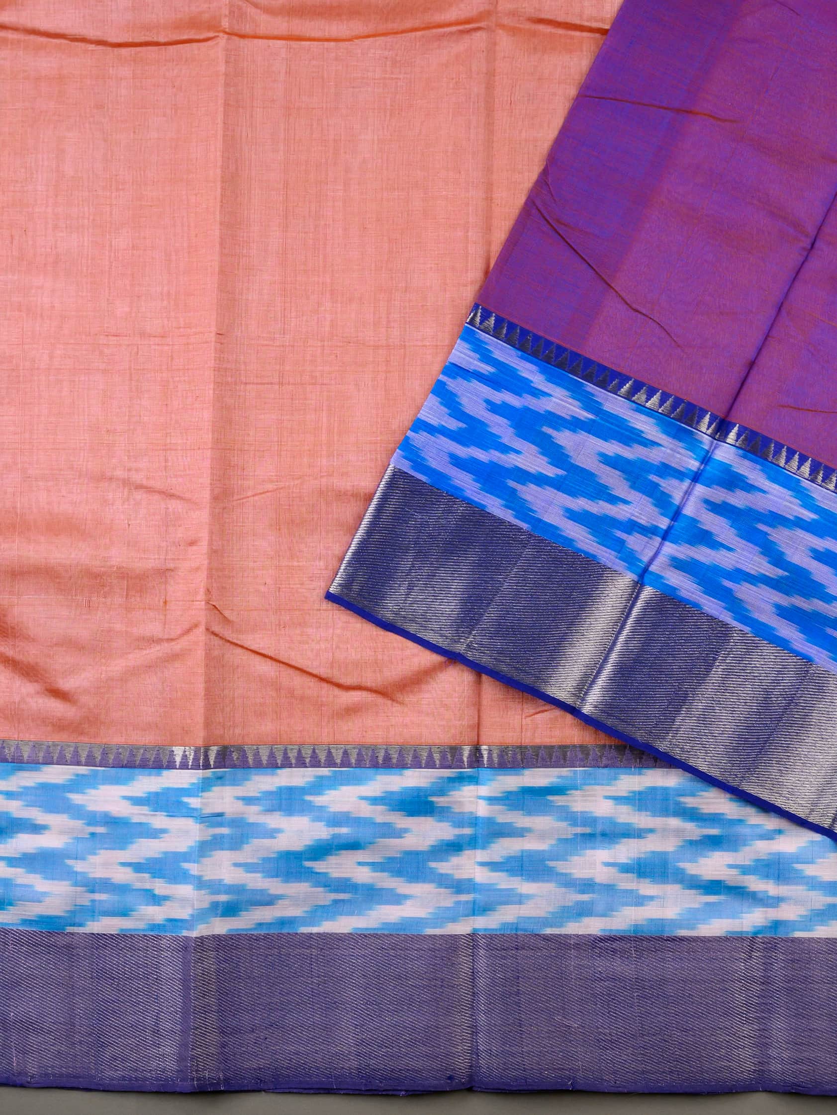 Handloom Mangalagiri Silk Cotton Saree in Peach and Purple with Ikat Border