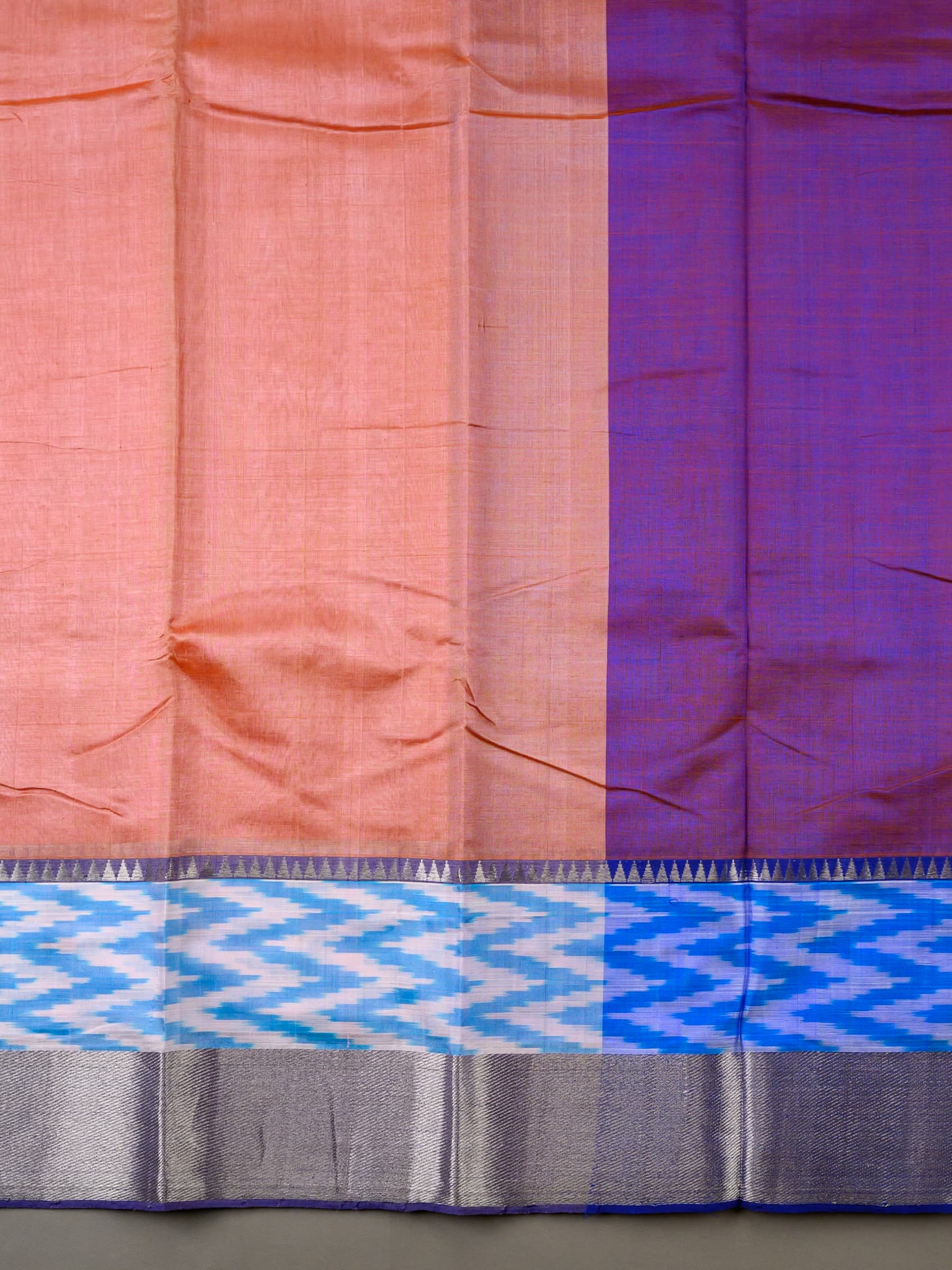 Handloom Mangalagiri Silk Cotton Saree in Peach and Purple with Ikat Border
