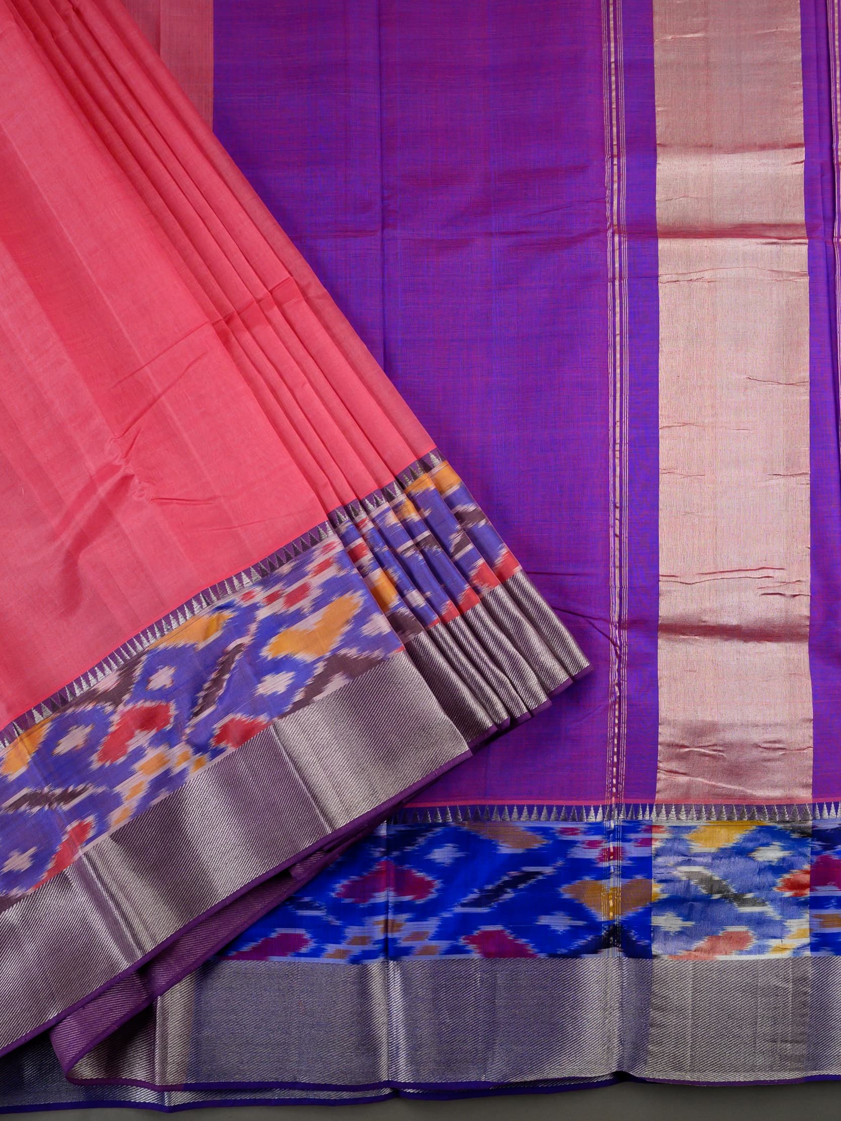 Handloom Mangalagiri Silk Cotton Saree in Pink and Purple with Ikat Border