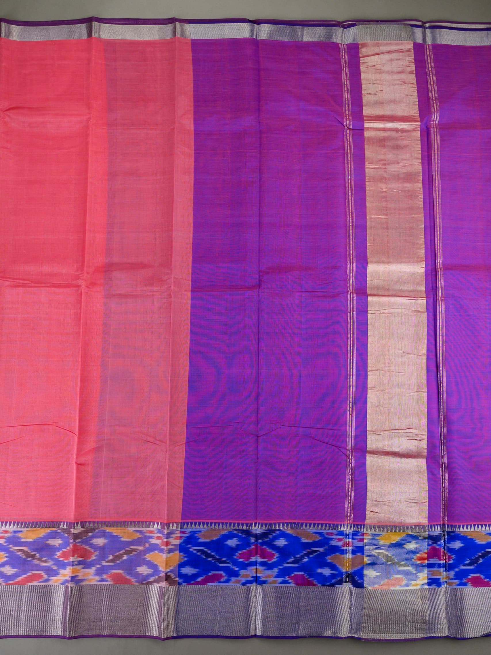 Handloom Mangalagiri Silk Cotton Saree in Pink and Purple with Ikat Border