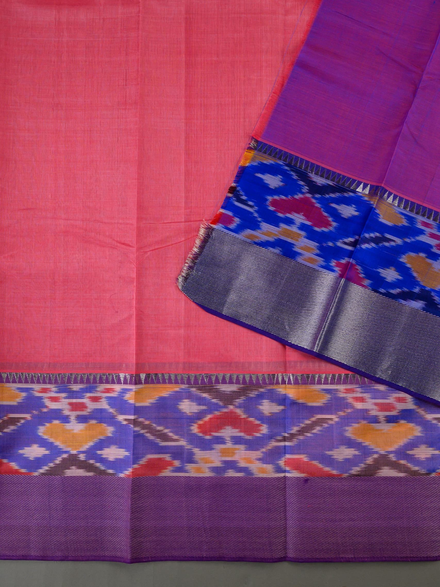 Handloom Mangalagiri Silk Cotton Saree in Pink and Purple with Ikat Border