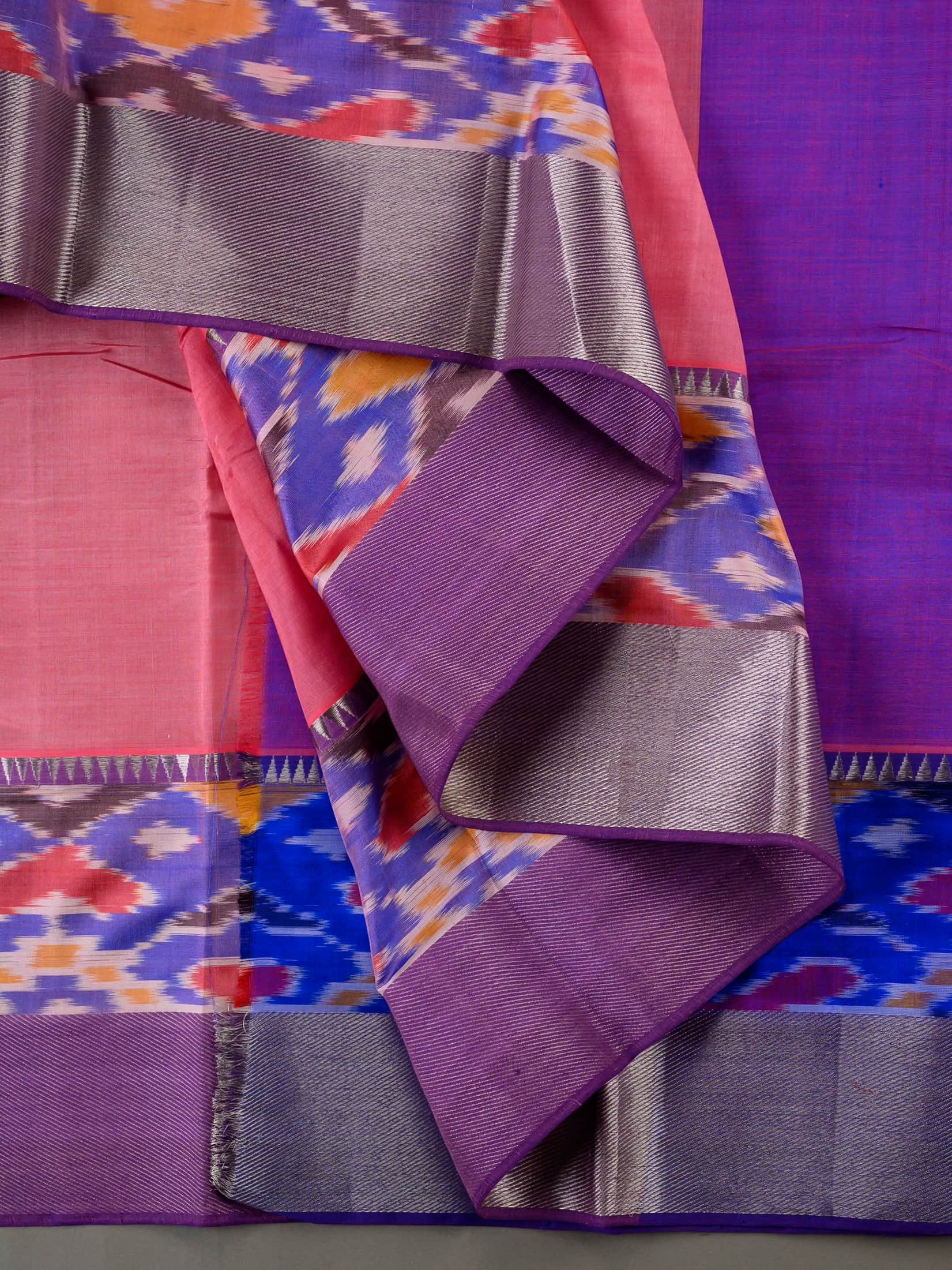 Handloom Mangalagiri Silk Cotton Saree in Pink and Purple with Ikat Border