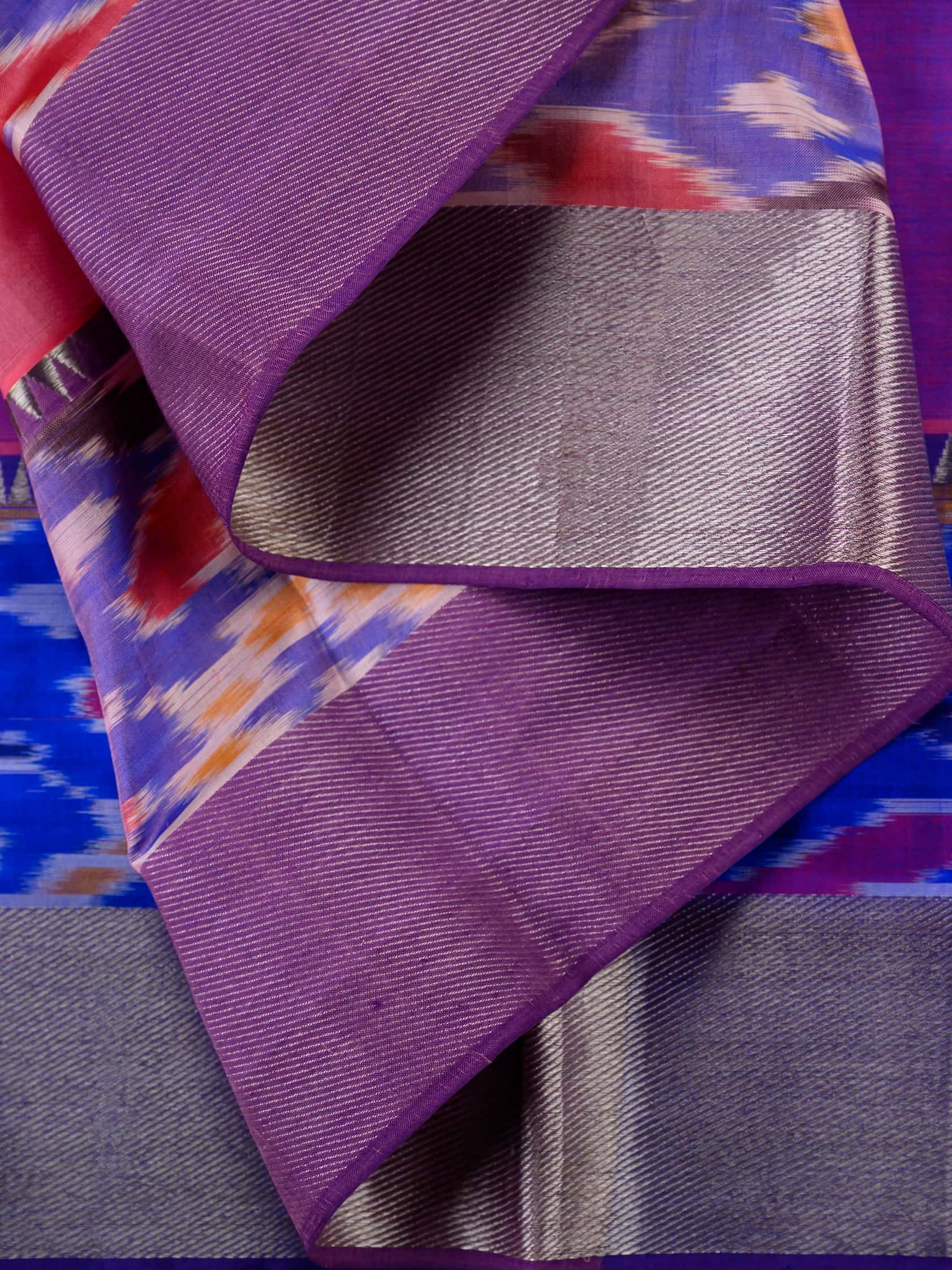 Handloom Mangalagiri Silk Cotton Saree in Pink and Purple with Ikat Border