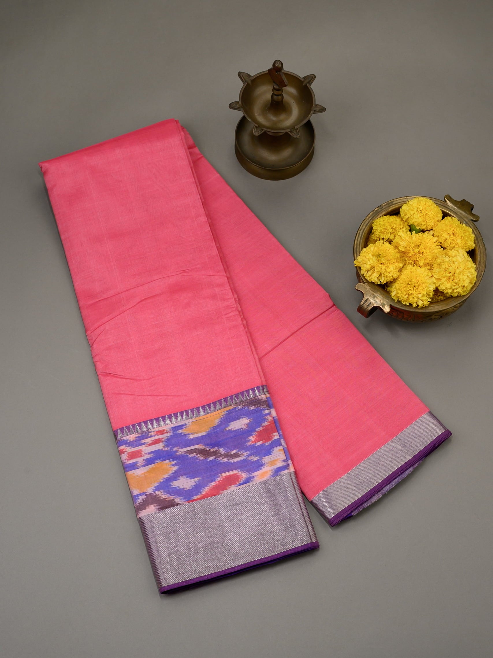 Handloom Mangalagiri Silk Cotton Saree in Pink and Purple with Ikat Border