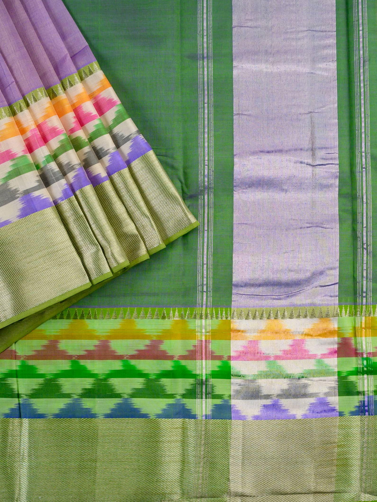 Handloom Mangalagiri Silk Cotton Saree in Purple and Green with Multicolor Ikat Border