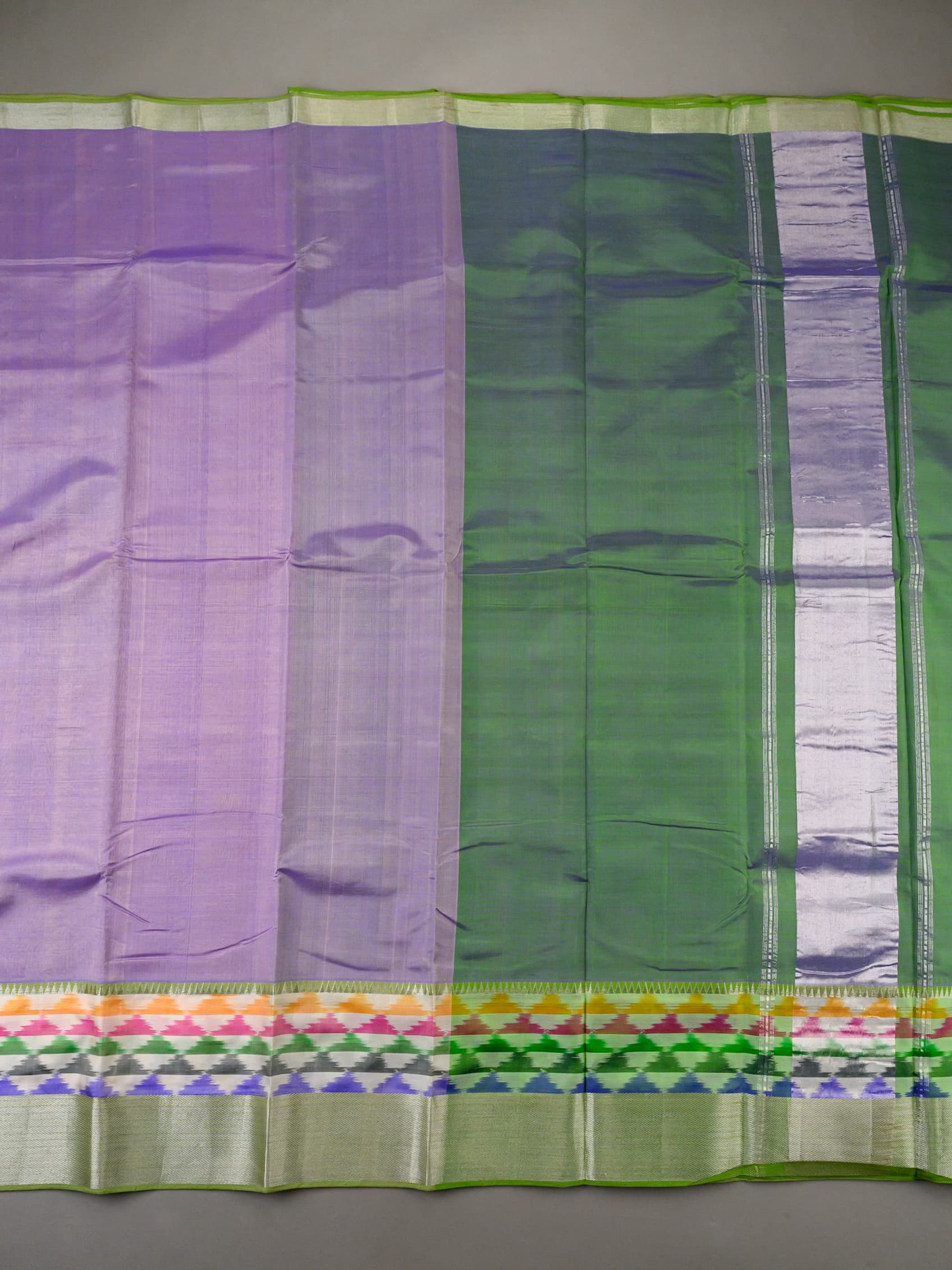 Handloom Mangalagiri Silk Cotton Saree in Purple and Green with Multicolor Ikat Border