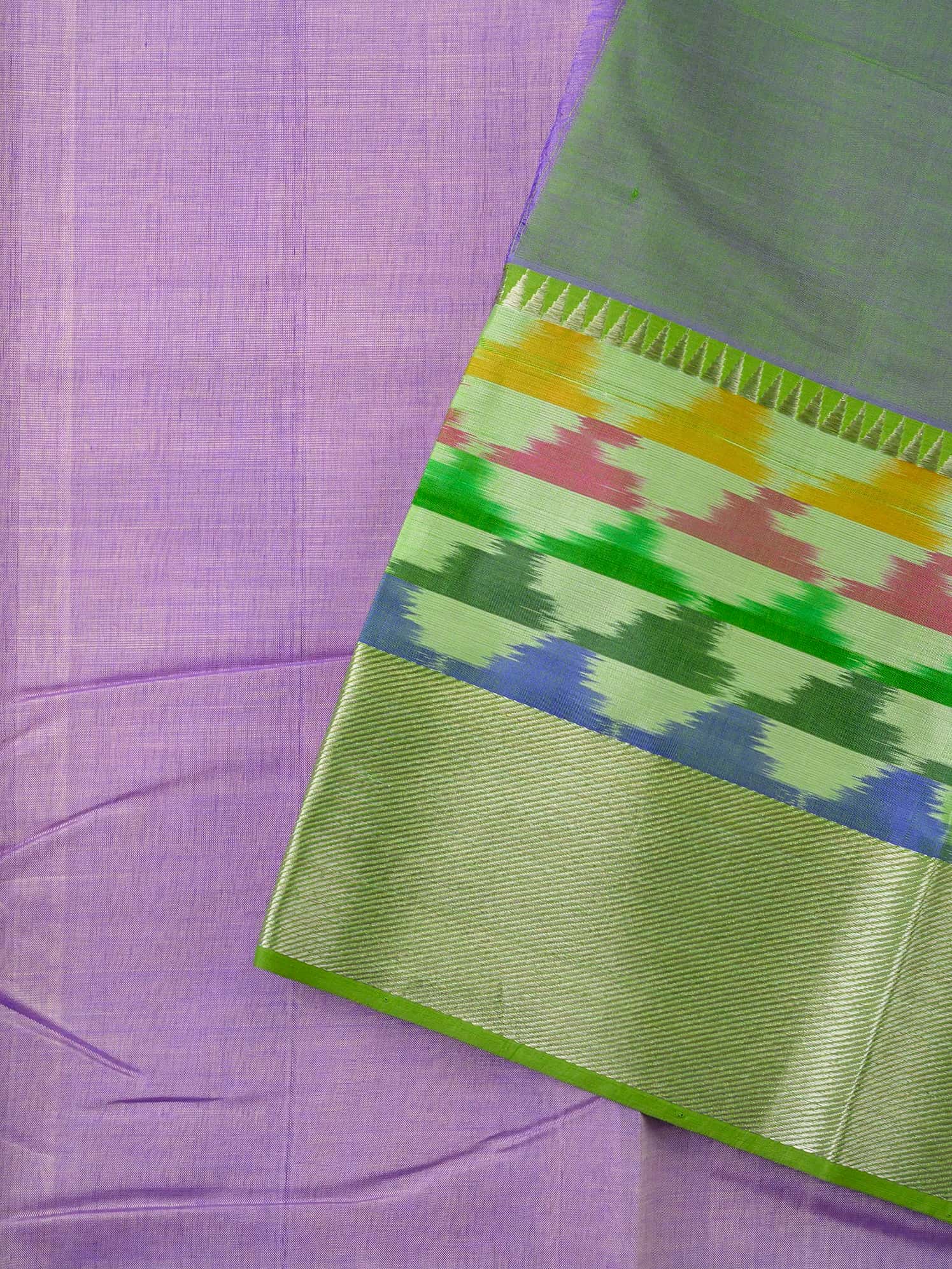 Handloom Mangalagiri Silk Cotton Saree in Purple and Green with Multicolor Ikat Border